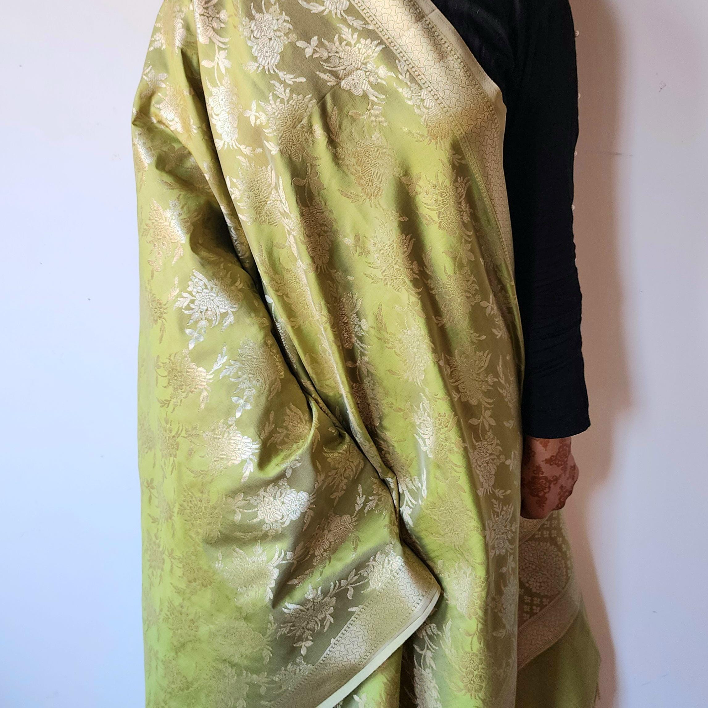 Sage Green Banarasi Dupatta  Floral Brocade Zari, Subtle Heritage Grace