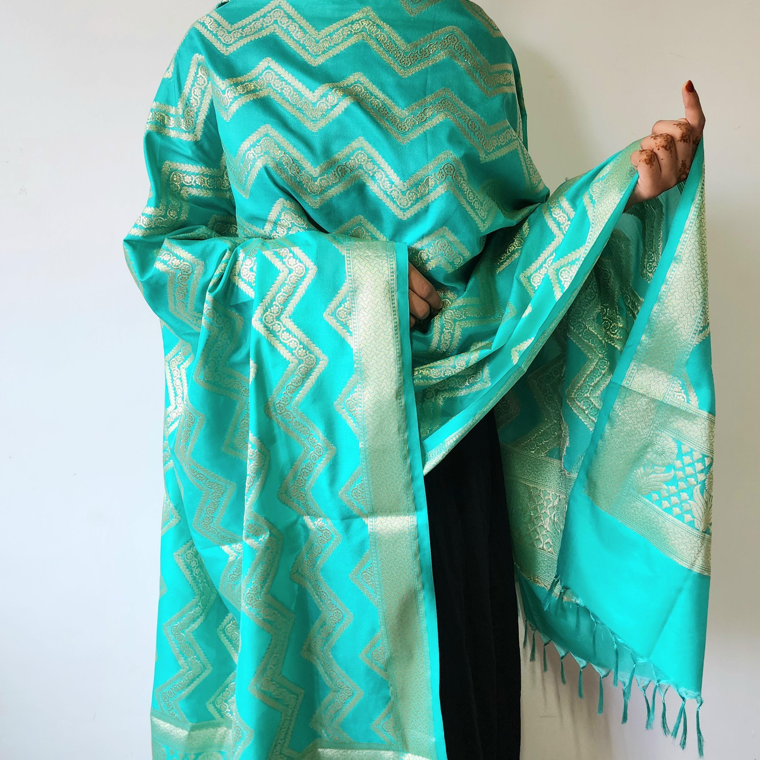 Teal Blue Banarasi Dupatta with gold zigzag pattern