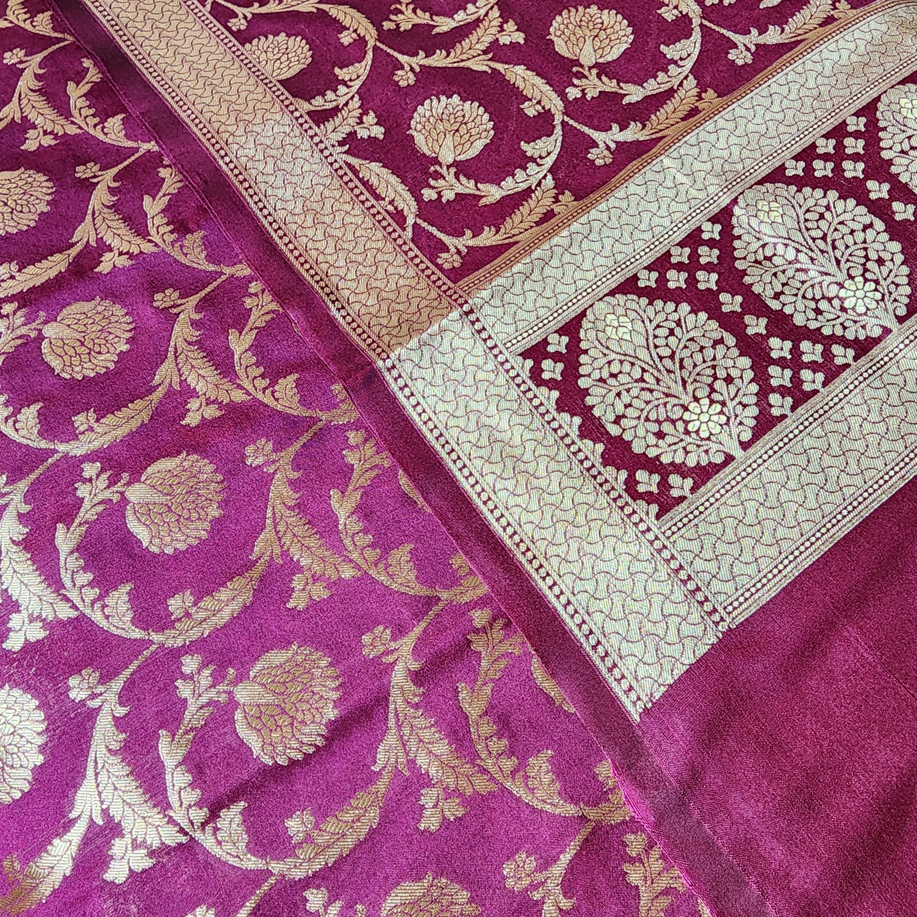 Royal Wine Banarasi Dupatta  Zari Blossom Motifs, Purple Evening Look