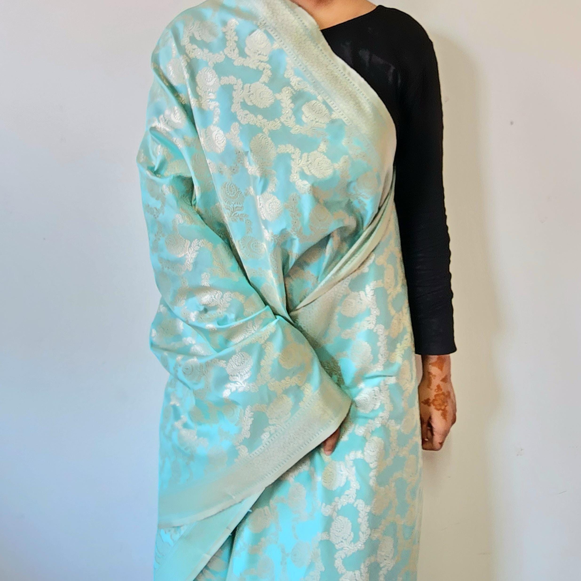 Serene Sky Blue Banarasi Dupatta  Golden Floral Weave, Breezy Festive Look