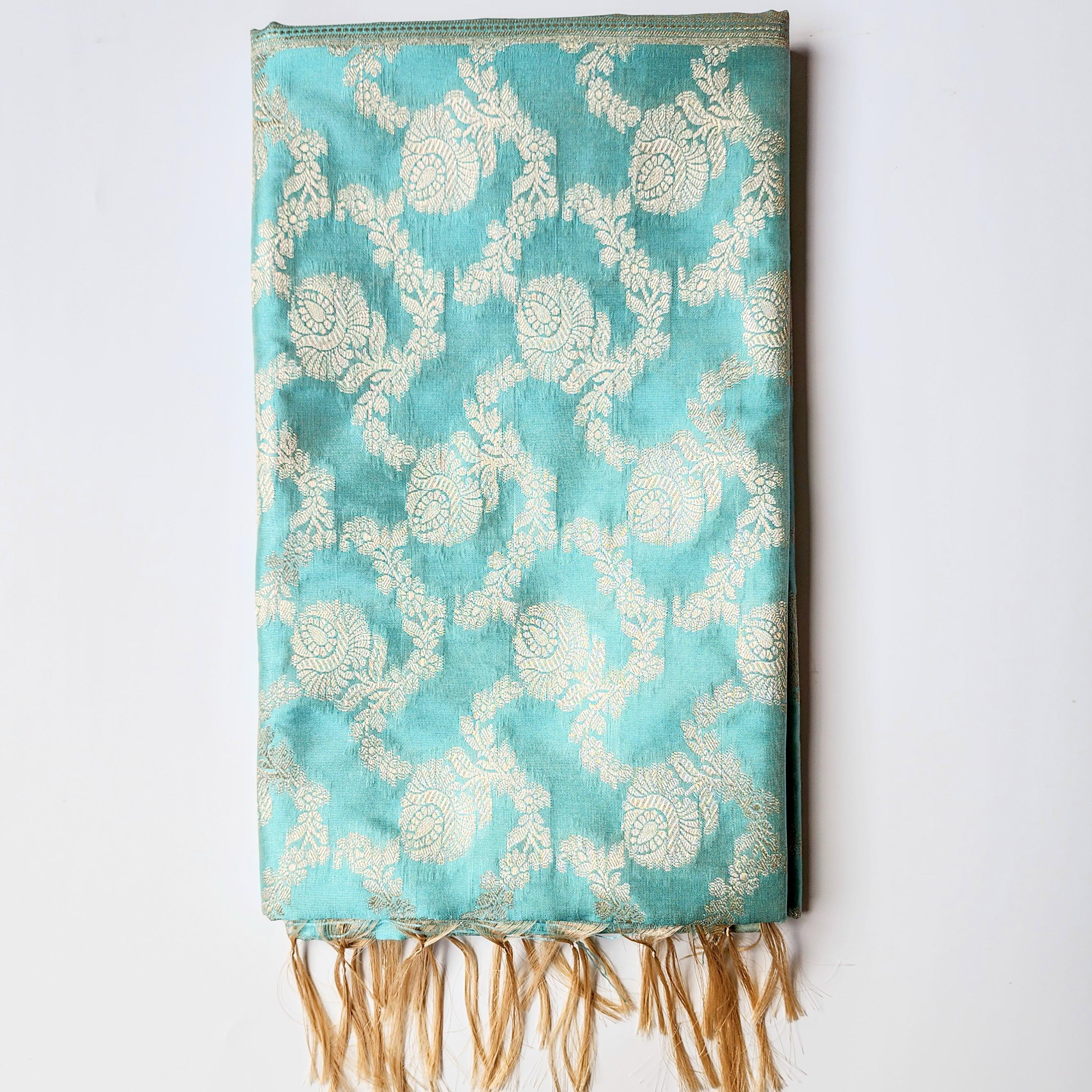 Serene Sky Blue Banarasi Dupatta  Golden Floral Weave, Breezy Festive Look