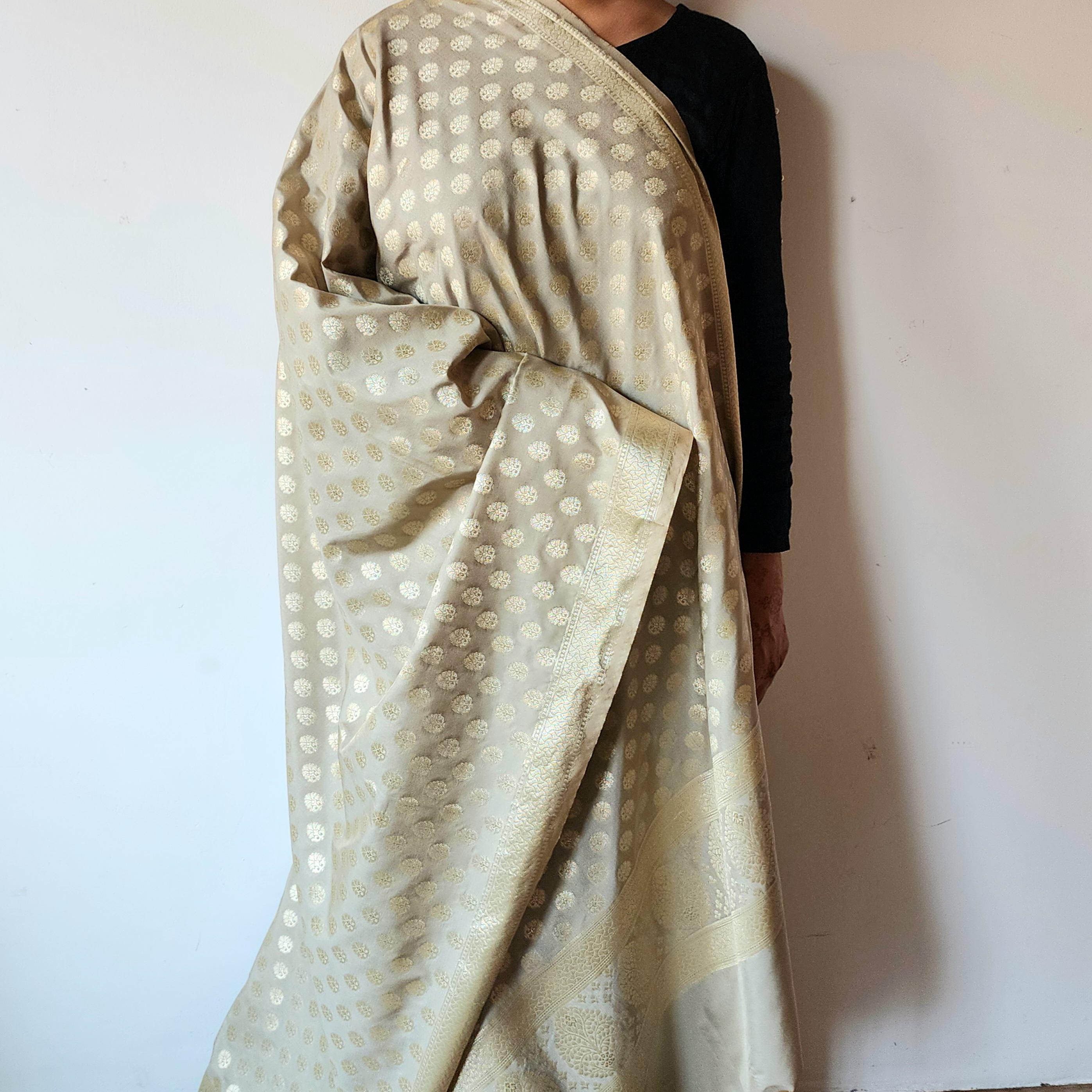 Silver Grey Banarasi Dupatta  Subtle Golden Polka Buttis, Elegant Modern Look