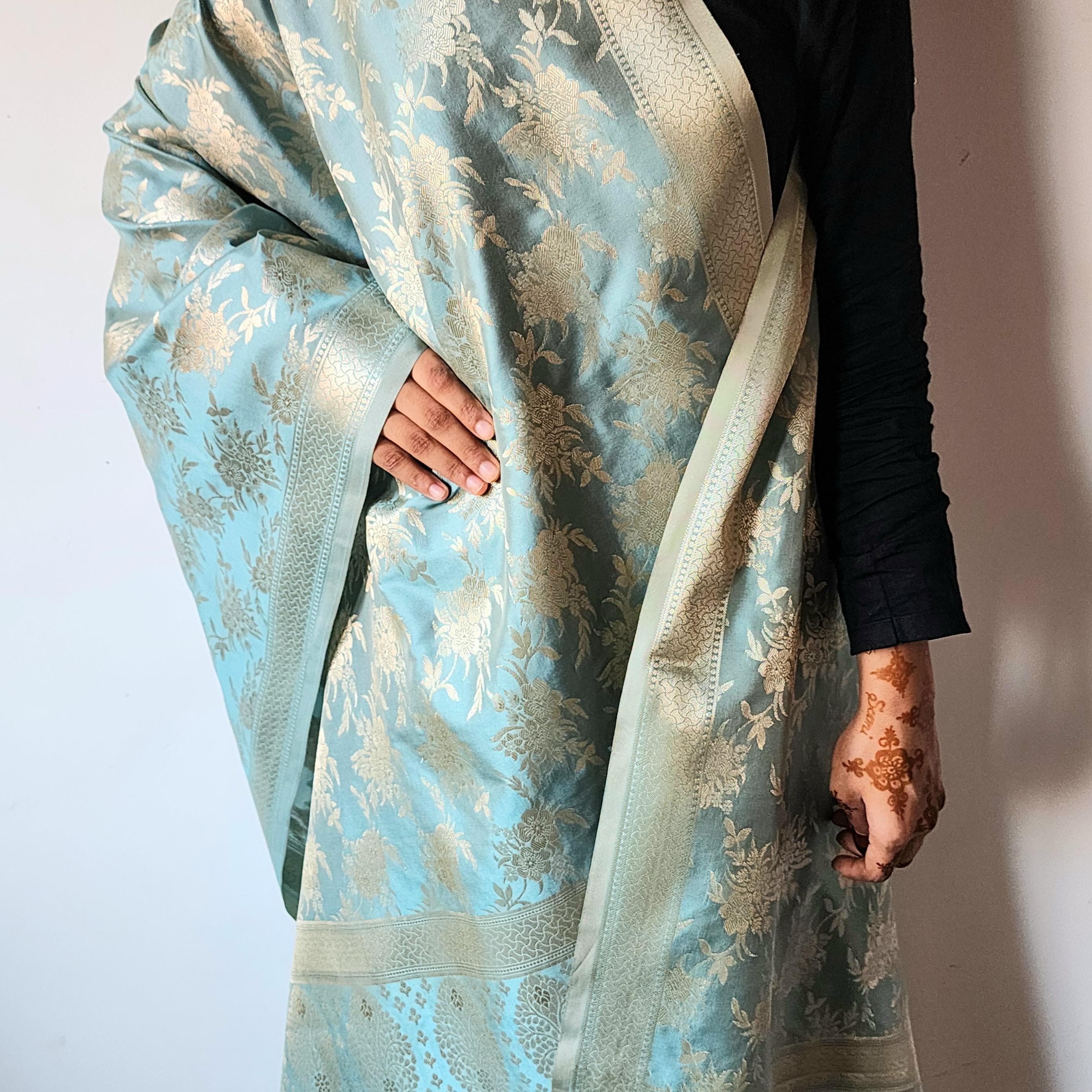 Powder Blue Banarasi Dupatta  Handwoven Golden Florals, Dreamy Ethnic Look