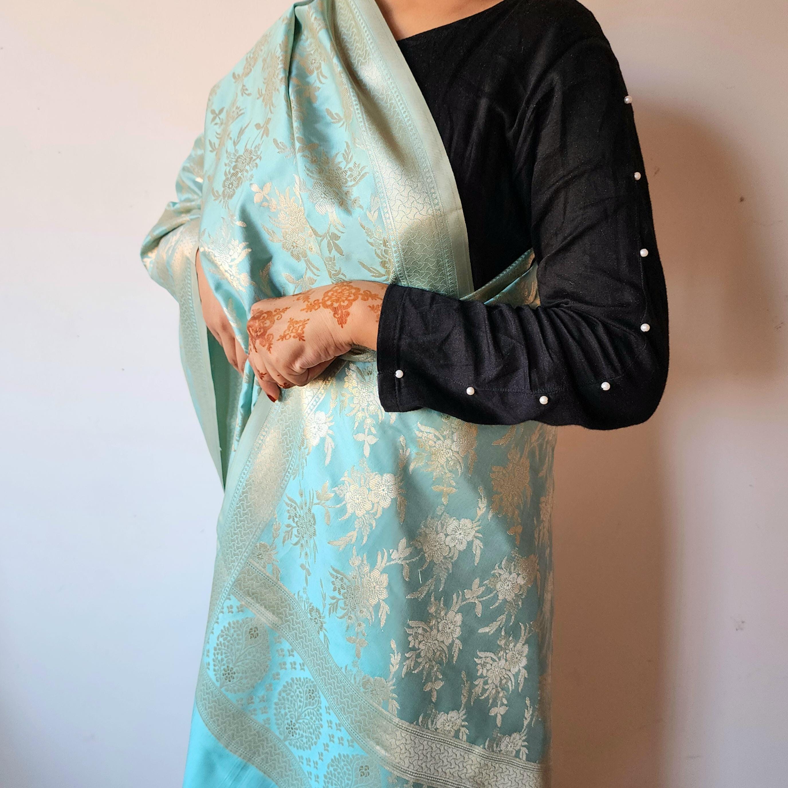 Pastel Sky Blue Banarasi Dupatta  Soft Gold Floral Brocade, Effortlessly Regal