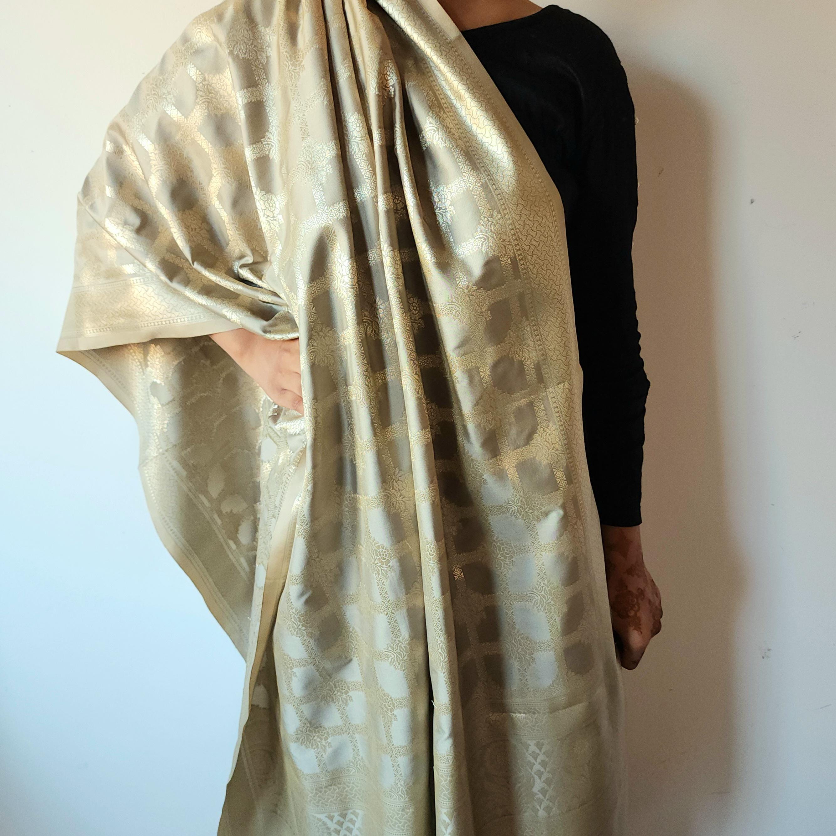 Taupe Grey Banarasi Dupatta  Golden Geometric Design, Subtle Sophistication