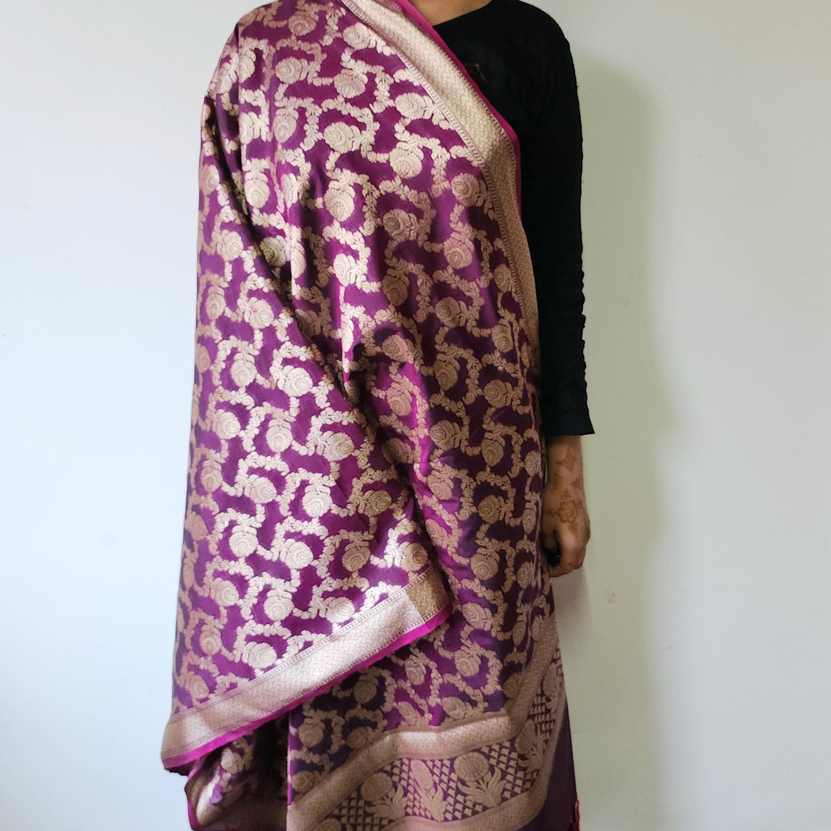Wine Banarasi Dupatta  Gold Floral Brocade, Purple Evening Look
