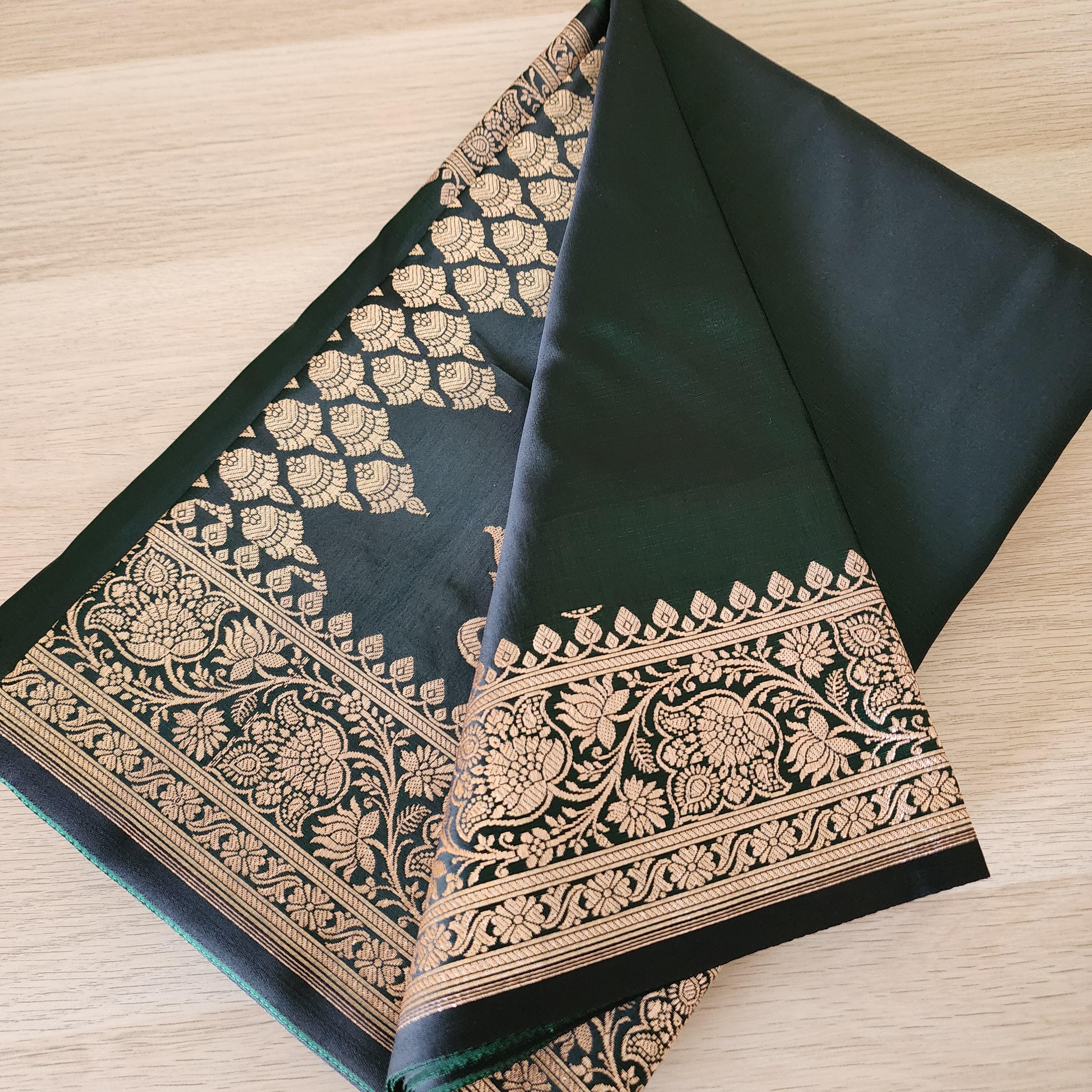 Rich Dark Bottle Green, Pure Banarasi Katan Silk Saree with Rich Gold & Silver Zari Weaving