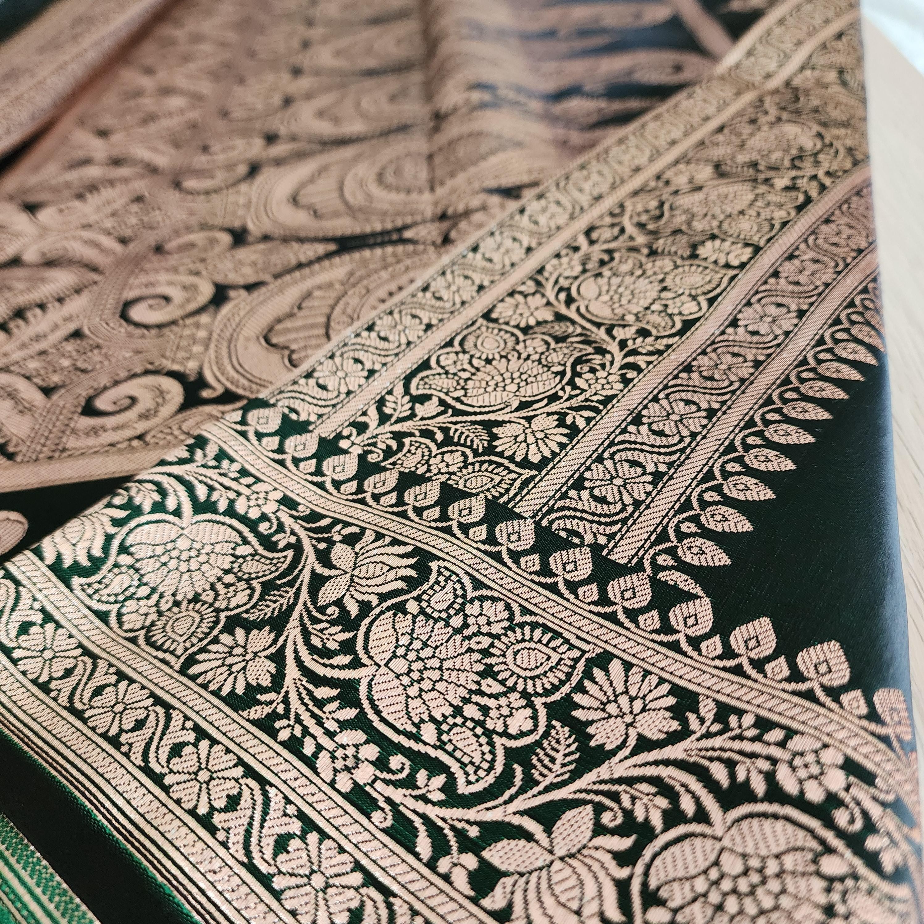 Rich Dark Bottle Green, Pure Banarasi Katan Silk Saree with Rich Gold & Silver Zari Weaving