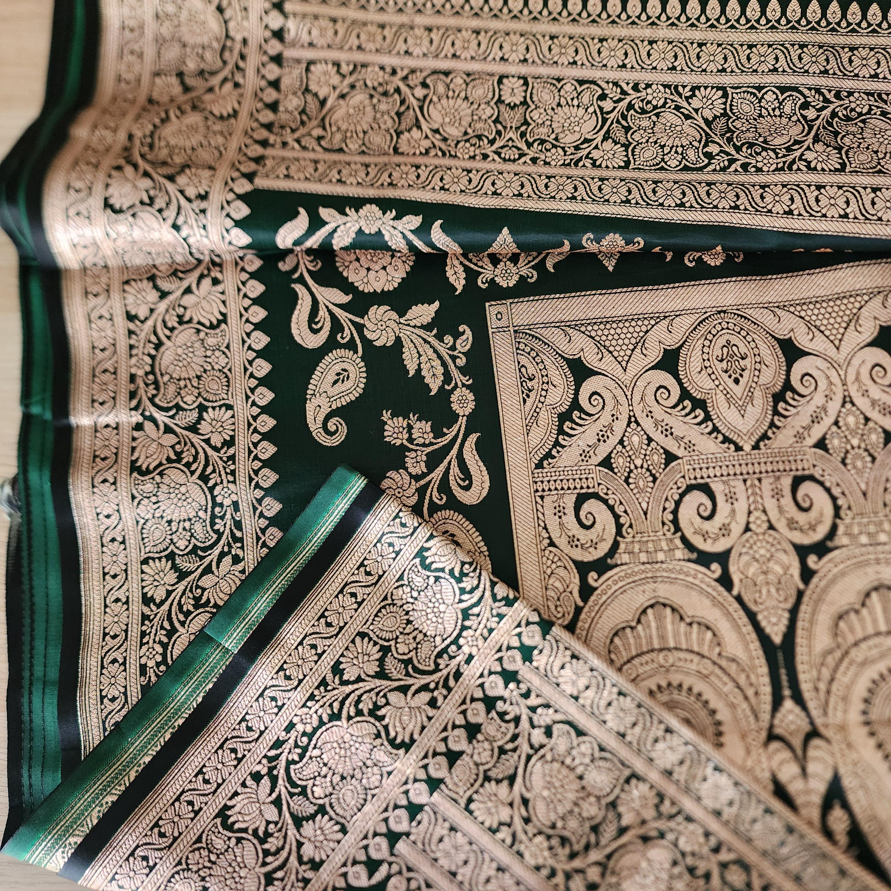 Rich Dark Bottle Green, Pure Banarasi Katan Silk Saree with Rich Gold & Silver Zari Weaving
