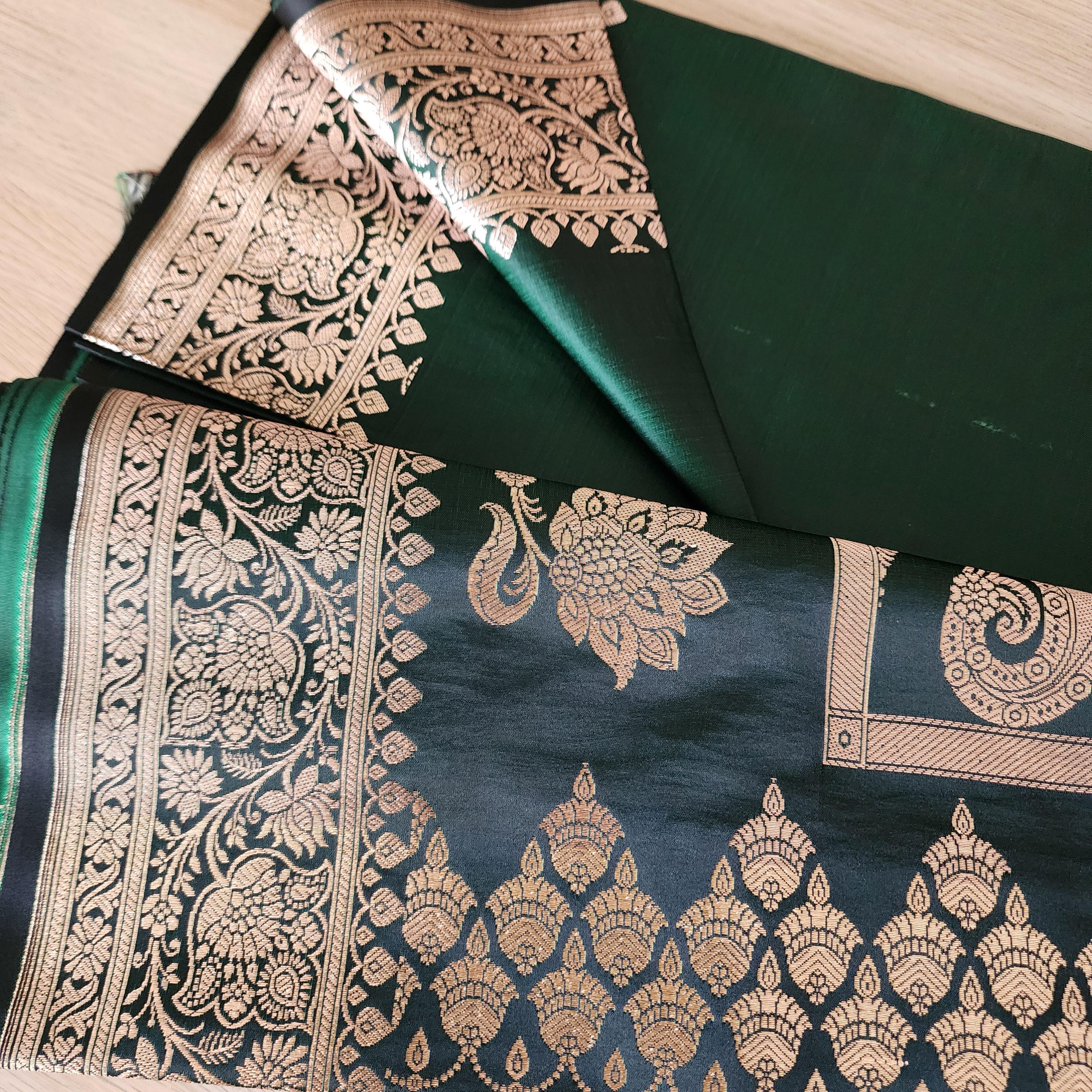 Rich Dark Bottle Green, Pure Banarasi Katan Silk Saree with Rich Gold & Silver Zari Weaving