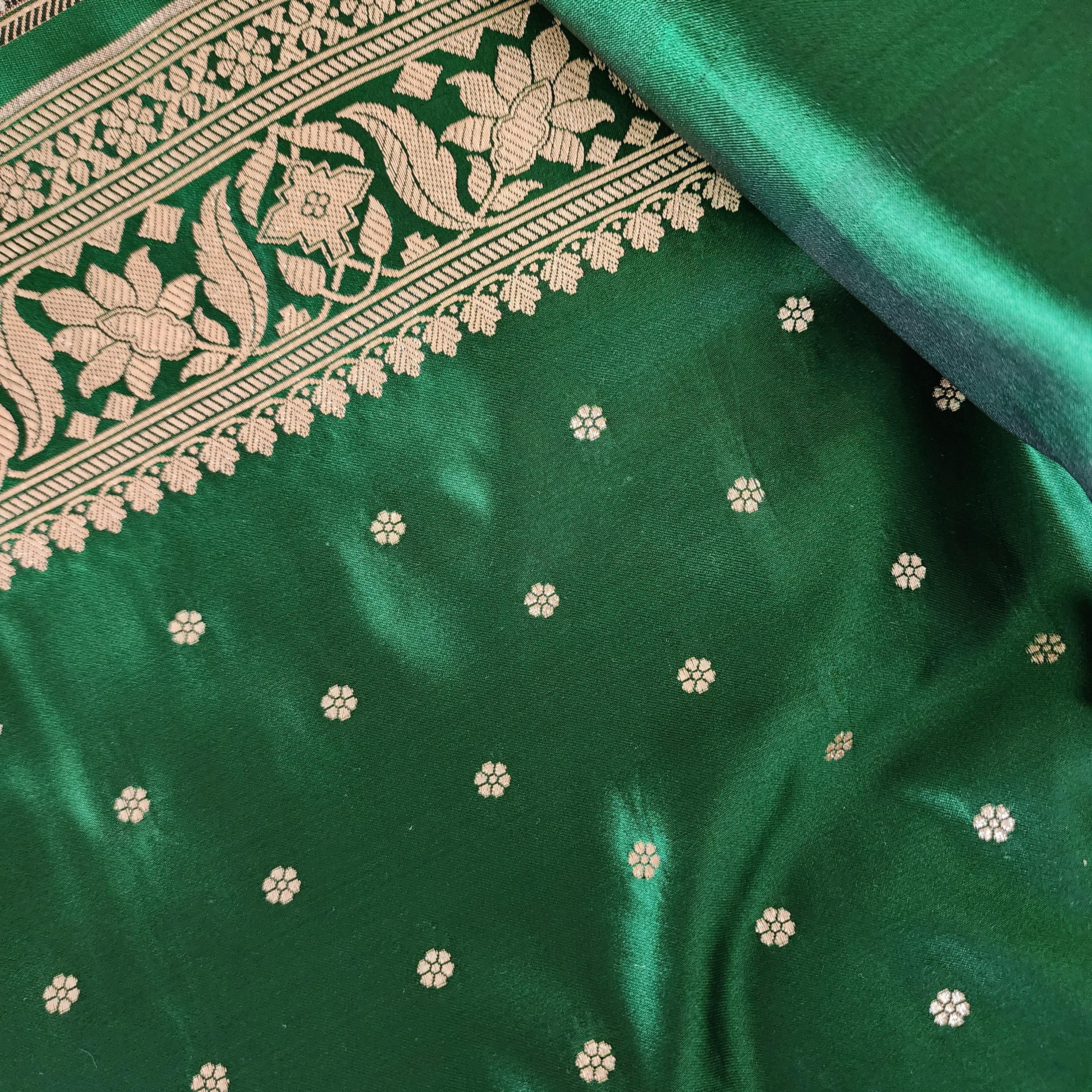 Royal Emerald Green, Pure Banarasi Katan Silk Saree with Rich Gold & Silver Zari Weaving
