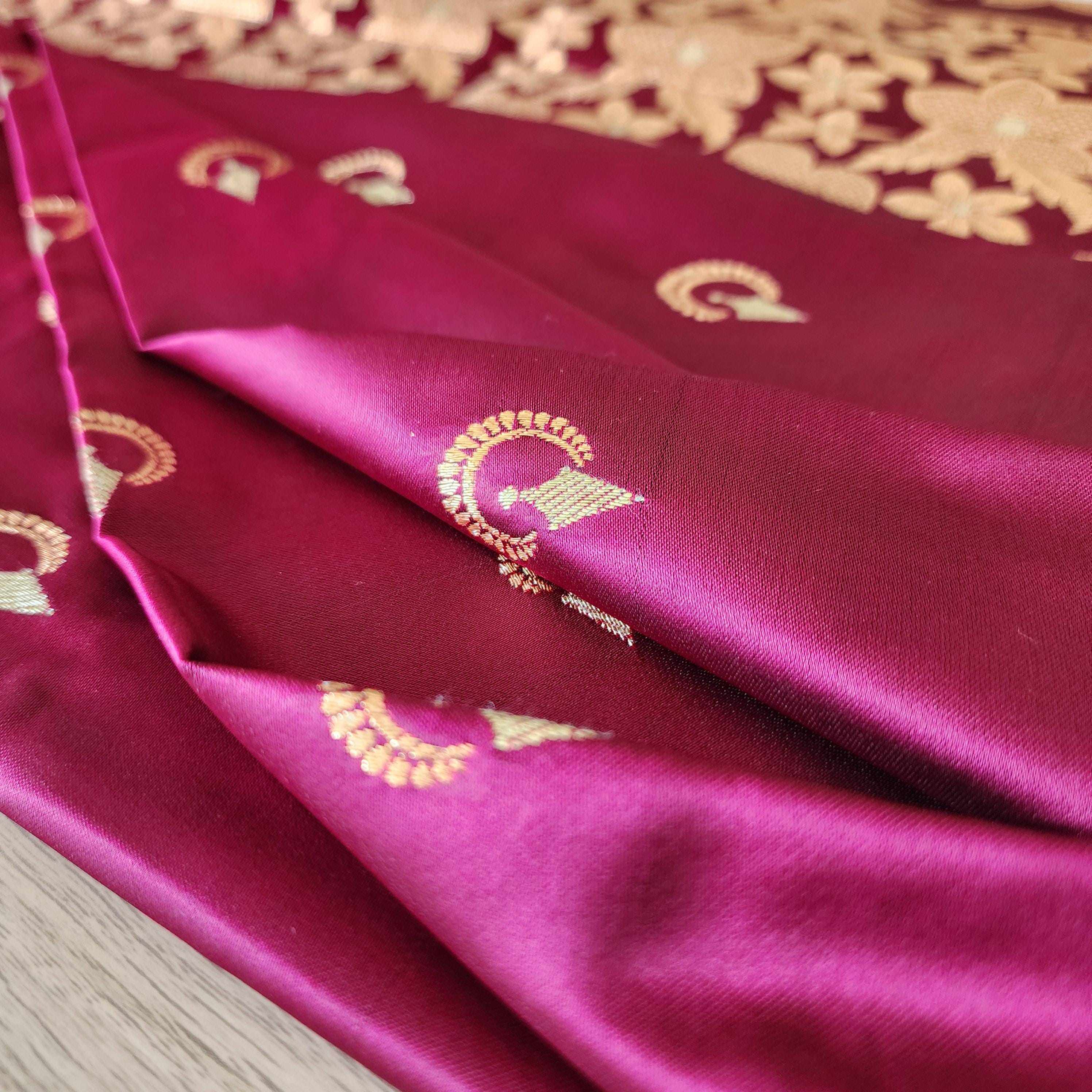 Dark Magenta, Pure Banarasi Katan Silk Saree with Rich Gold & Silver Zari Weaving