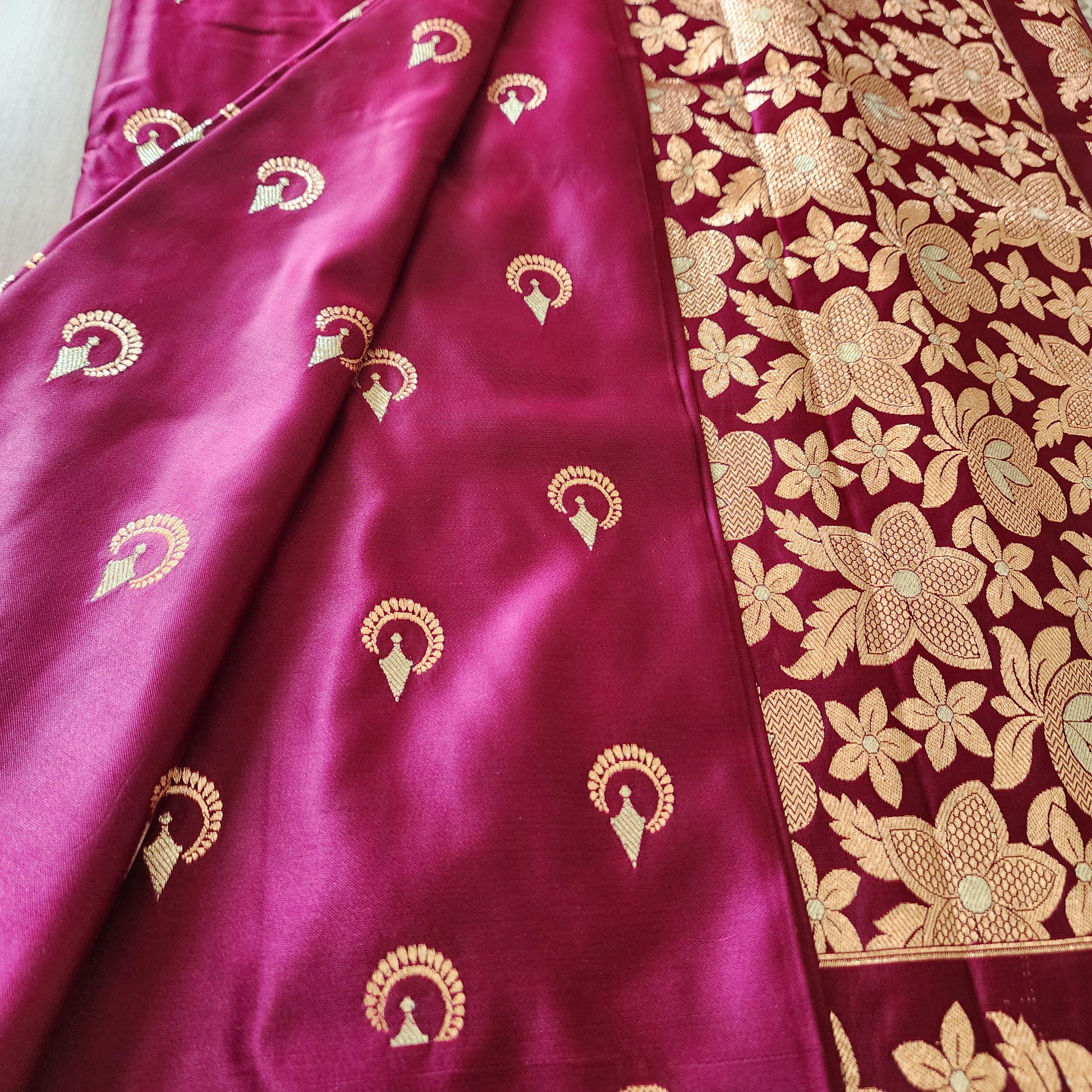 Dark Magenta, Pure Banarasi Katan Silk Saree with Rich Gold & Silver Zari Weaving