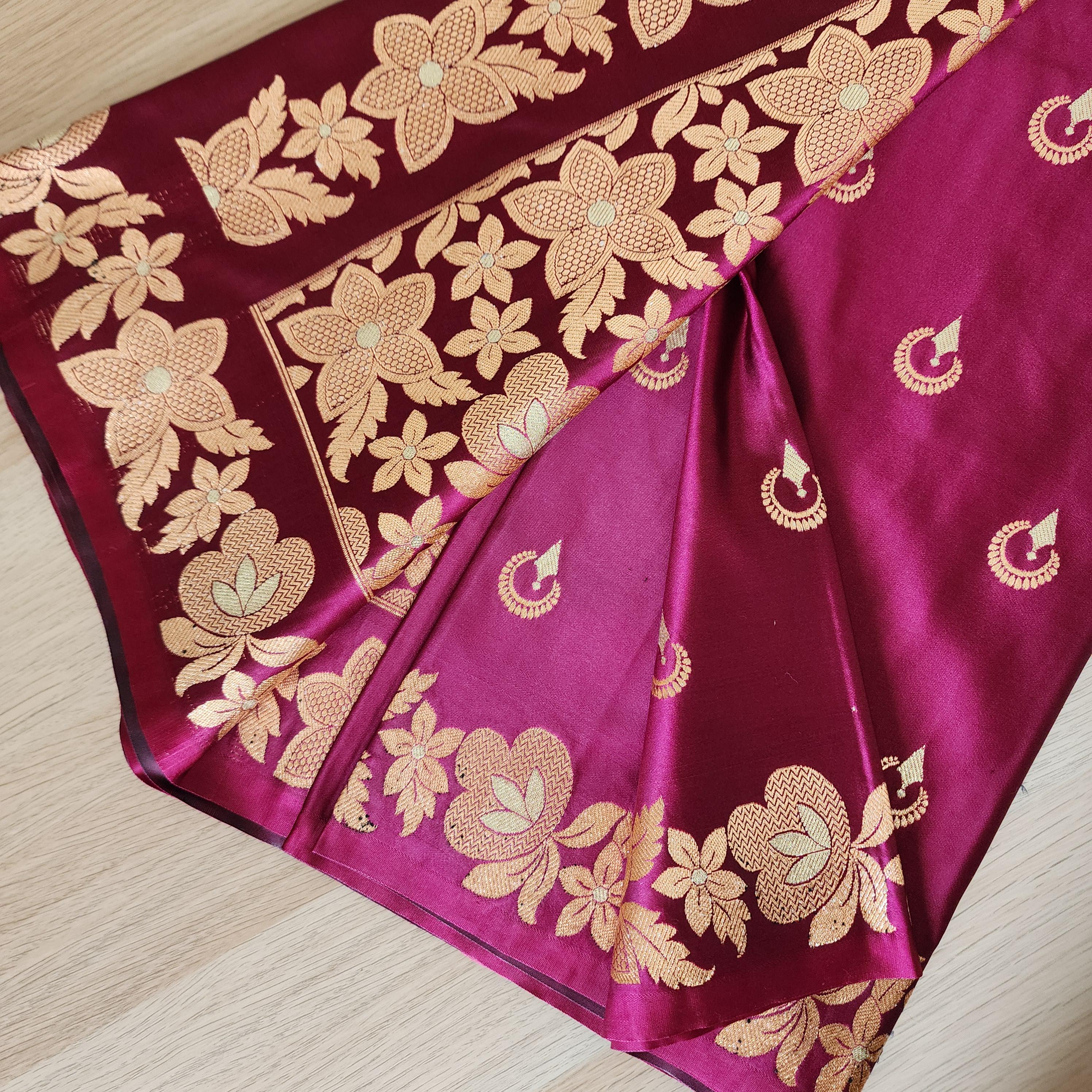 Dark Magenta, Pure Banarasi Katan Silk Saree with Rich Gold & Silver Zari Weaving