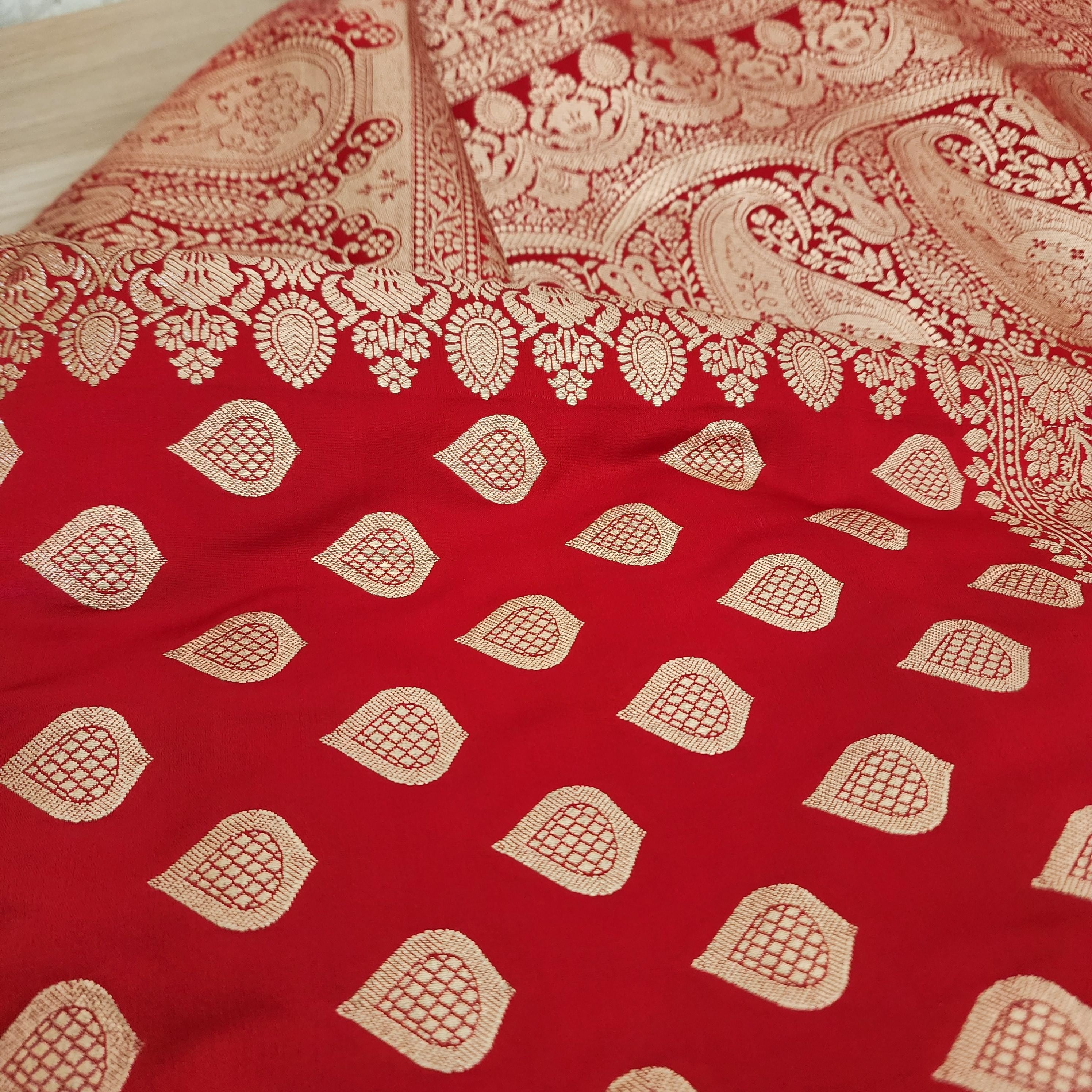 Coral Red, Pure Banarasi Katan Silk Saree with Rich Zari Weaving