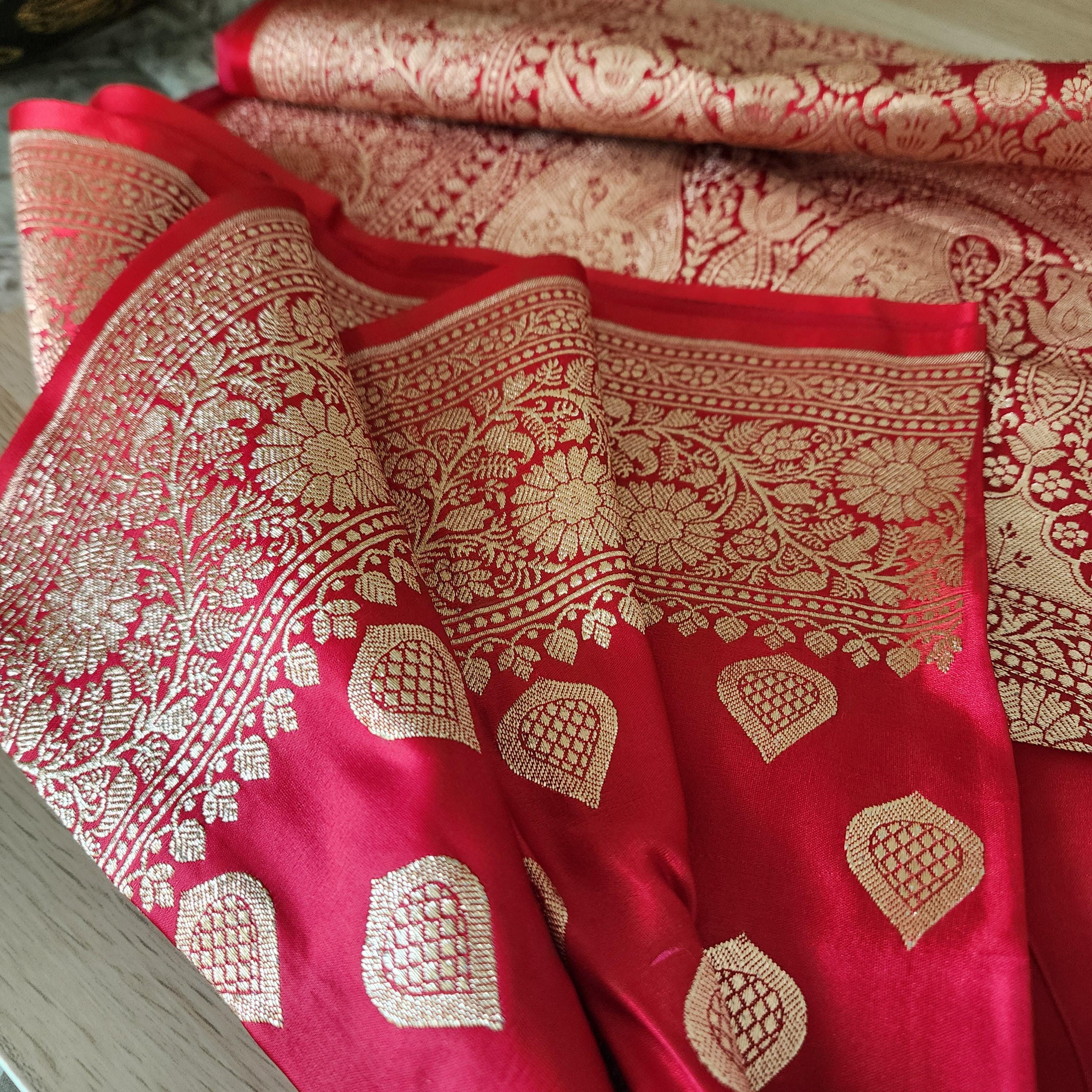 Coral Red, Pure Banarasi Katan Silk Saree with Rich Zari Weaving