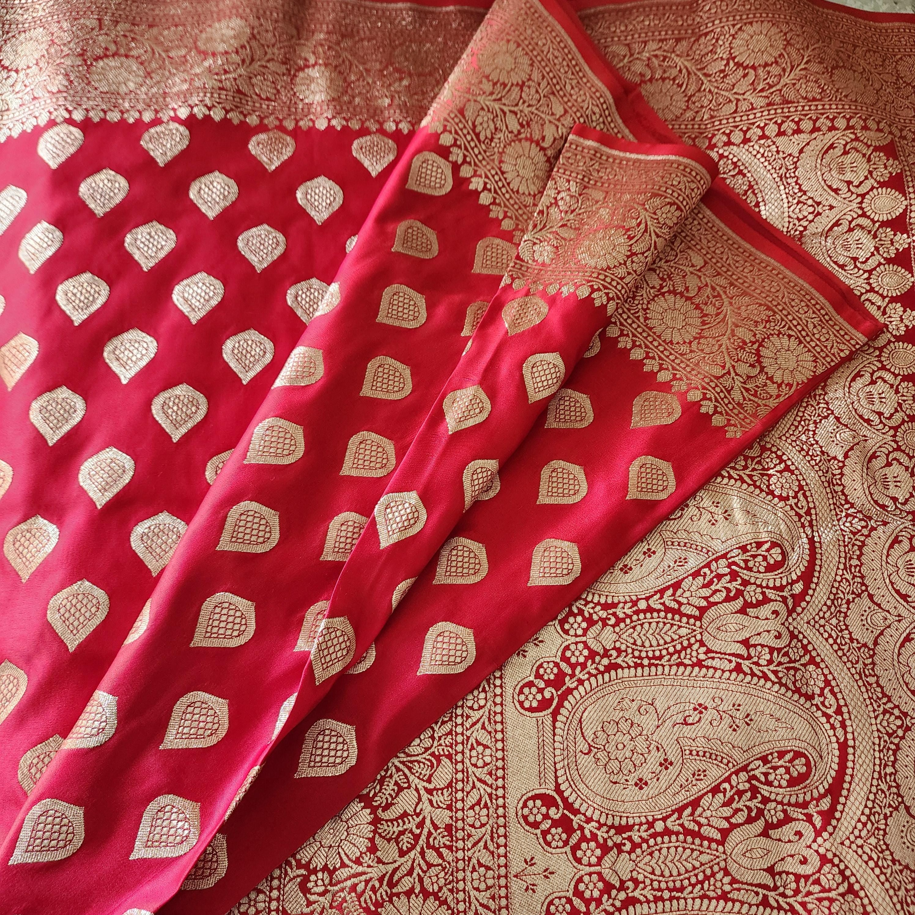 Coral Red, Pure Banarasi Katan Silk Saree with Rich Zari Weaving