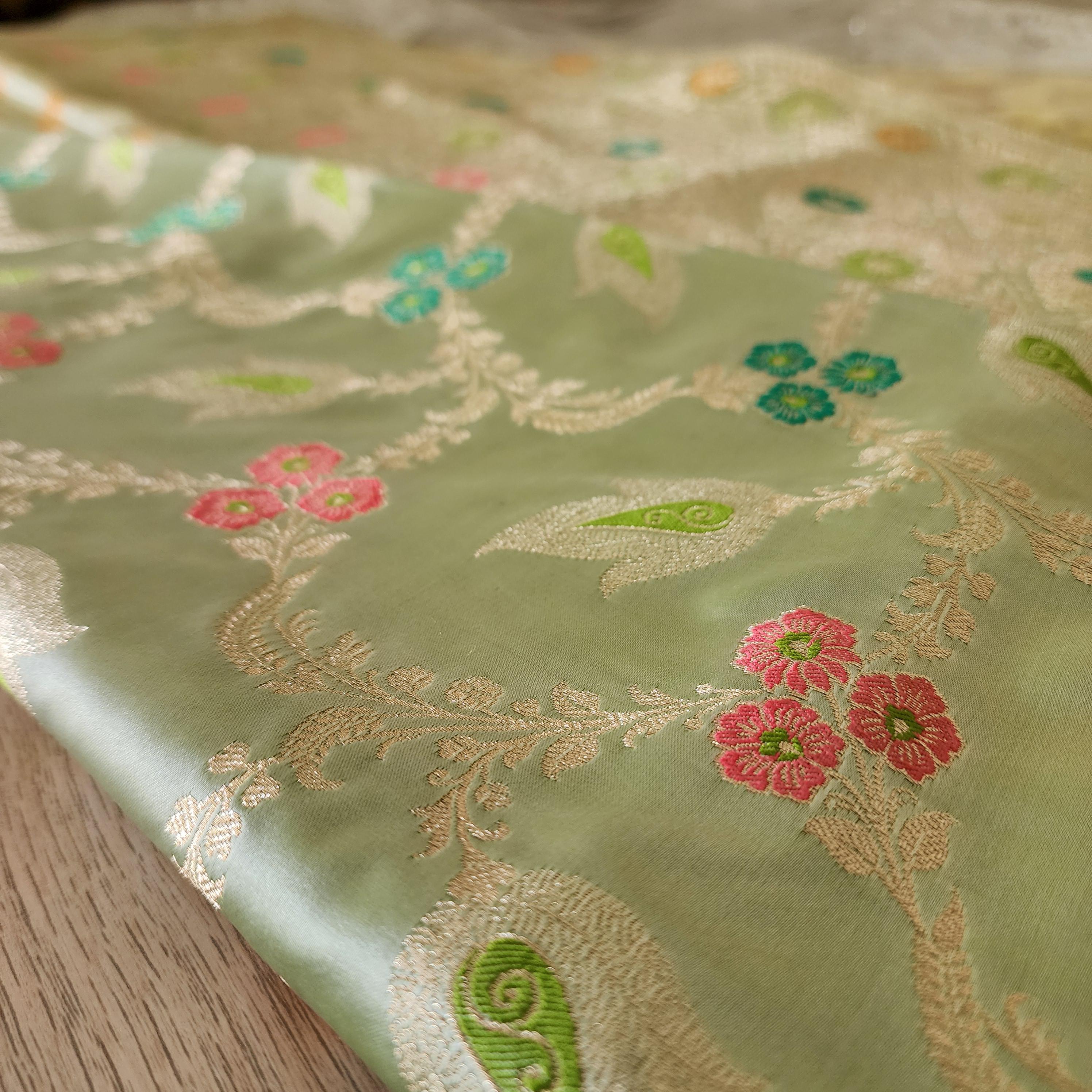 Elegant Banarasi Katan Silk Saree | Green Multicolor Meenakari Floral Jaal