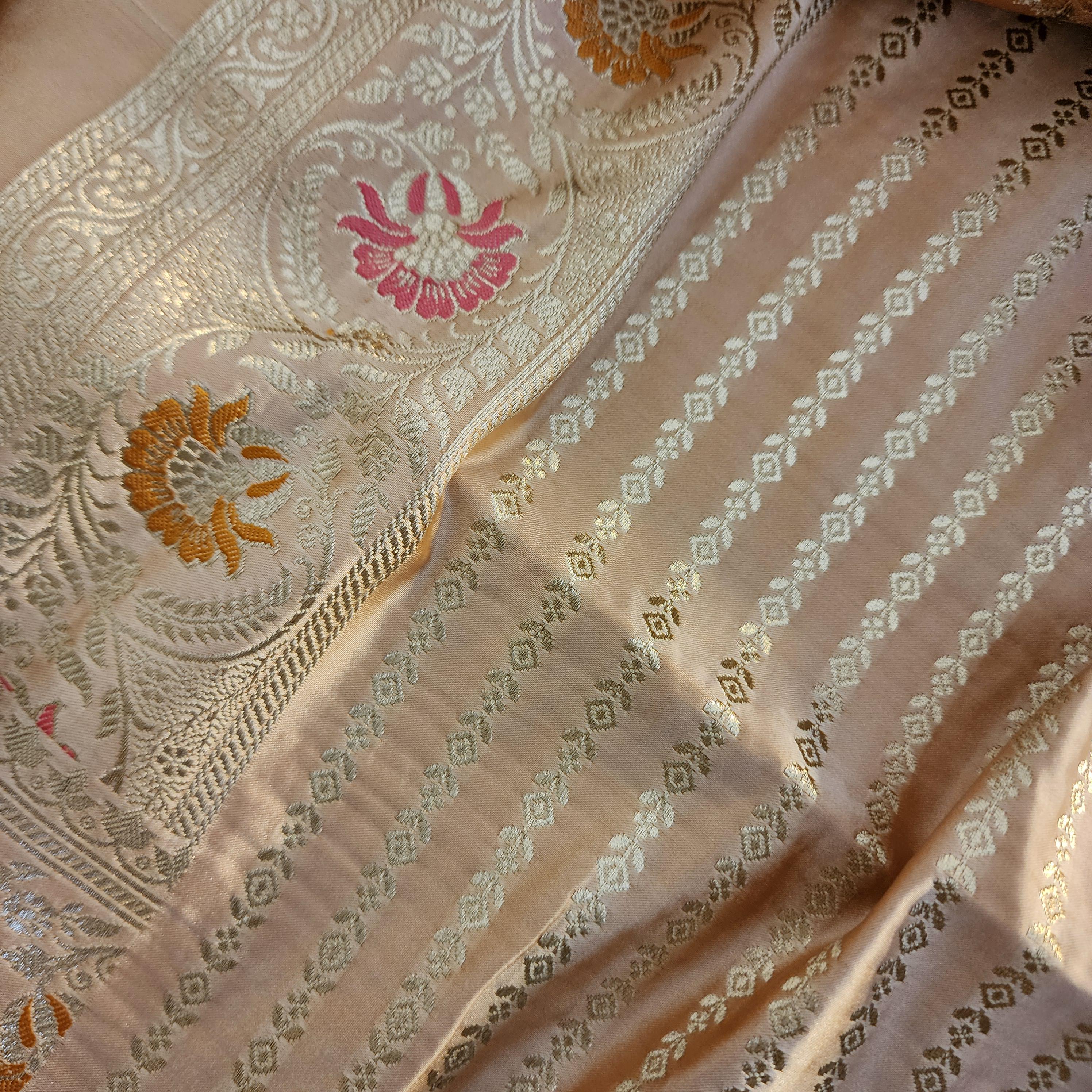 Banarasi Katan Silk Saree | Beige Multicolor Meenakari Floral Jaal