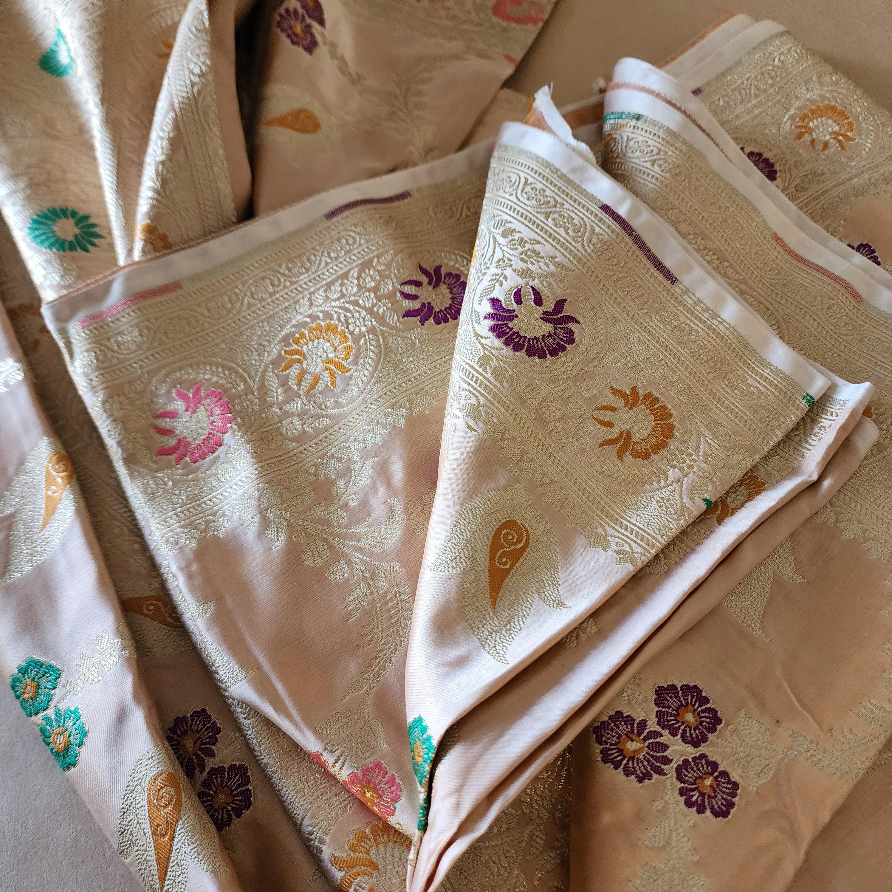 Banarasi Katan Silk Saree | Beige Multicolor Meenakari Floral Jaal