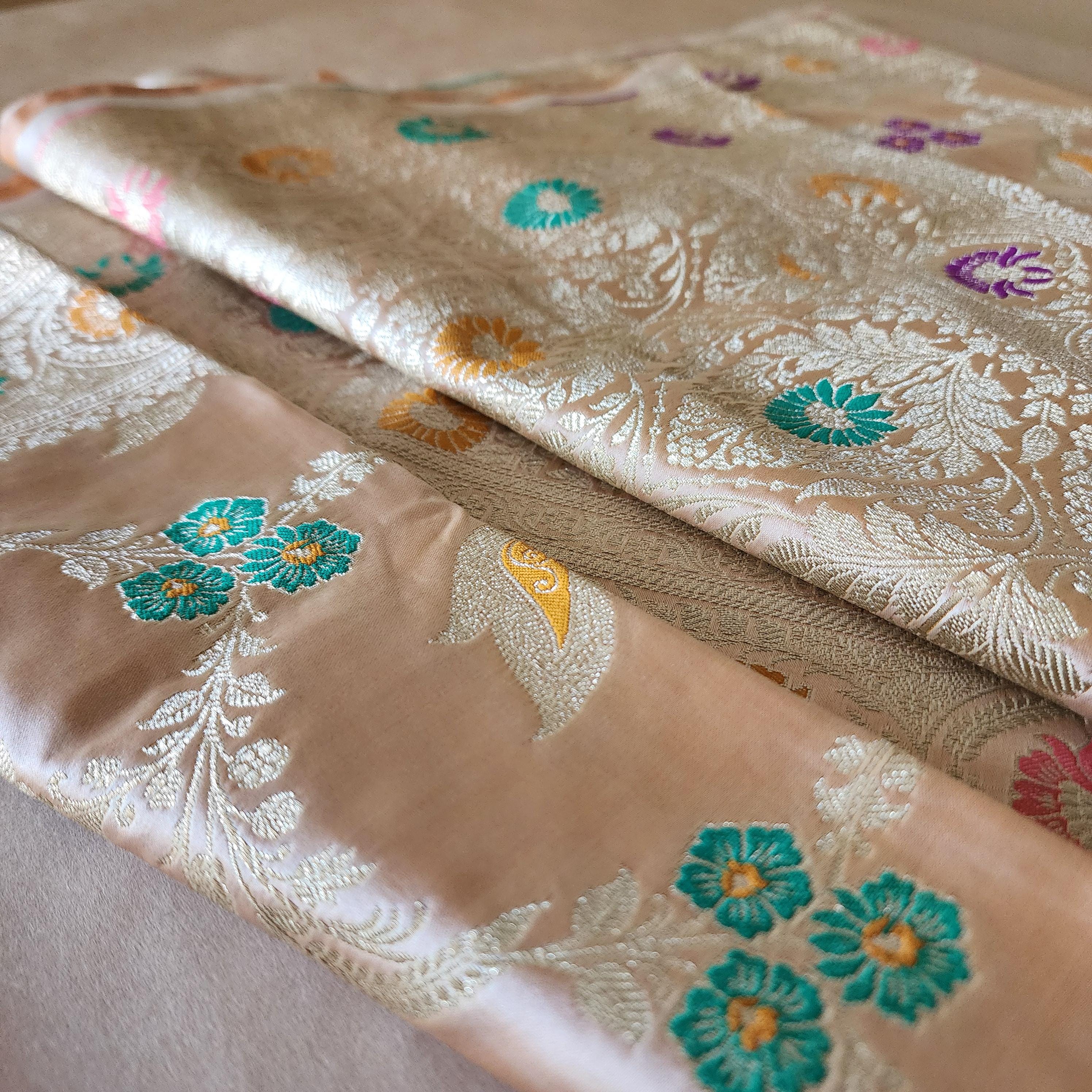 Banarasi Katan Silk Saree | Beige Multicolor Meenakari Floral Jaal
