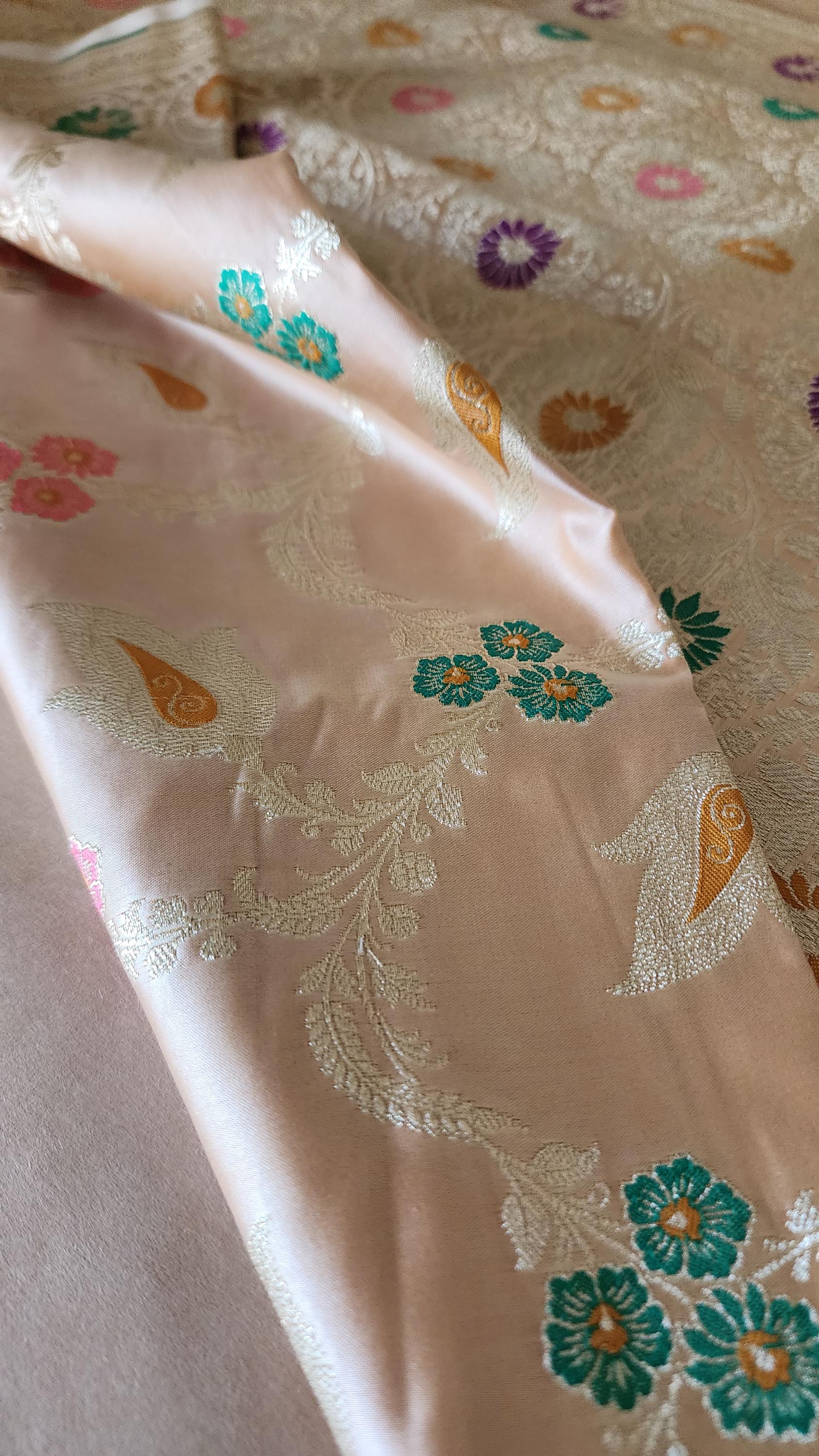 Banarasi Katan Silk Saree | Beige Multicolor Meenakari Floral Jaal