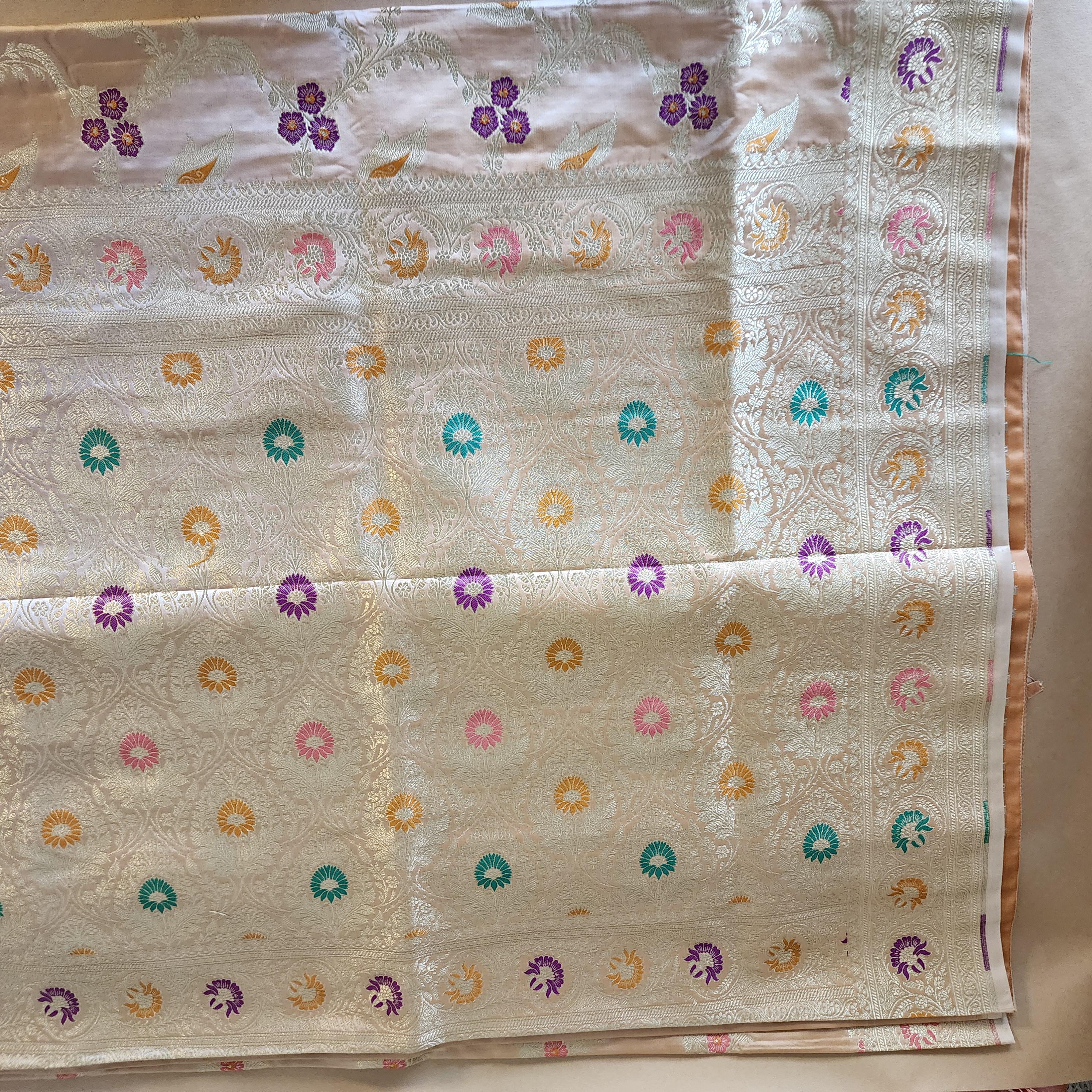 Banarasi Katan Silk Saree | Beige Multicolor Meenakari Floral Jaal