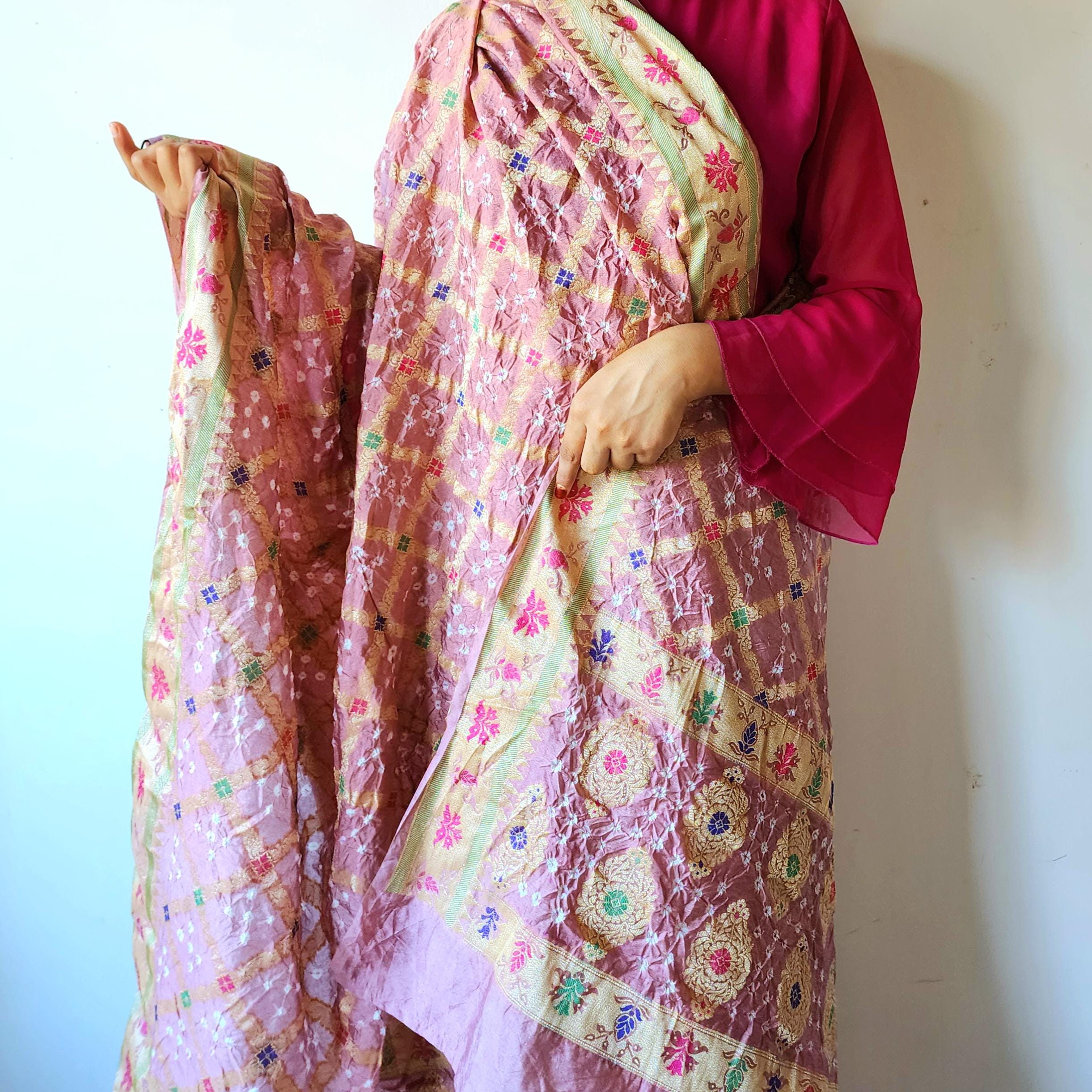 Blush Pink Bandhni Dupatta with Golden Border & Banarasi Meenakari Weave
