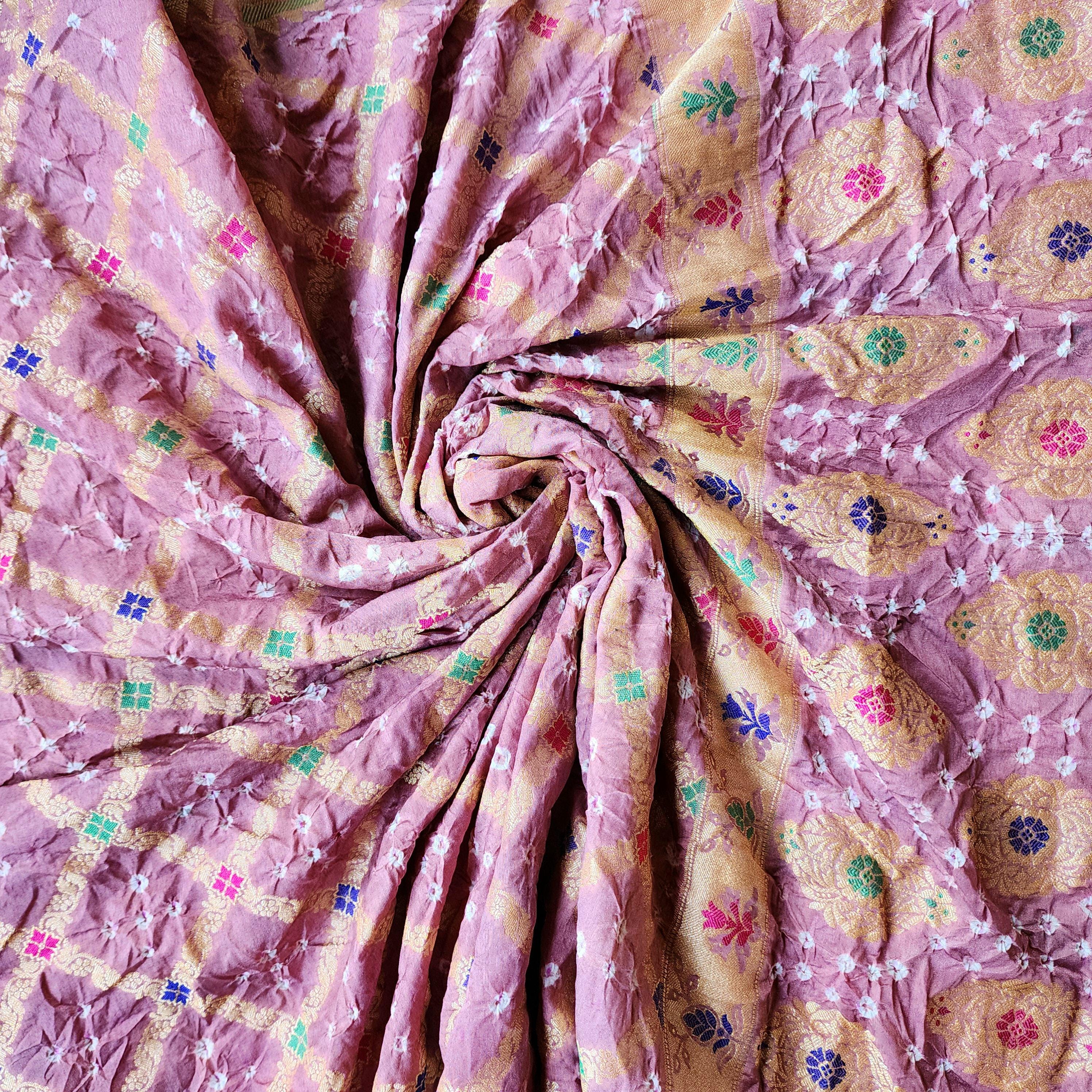 Blush Pink Bandhni Dupatta with Golden Border & Banarasi Meenakari Weave