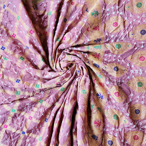 Blush Pink Bandhni Dupatta with Golden Border & Banarasi Meenakari Weave