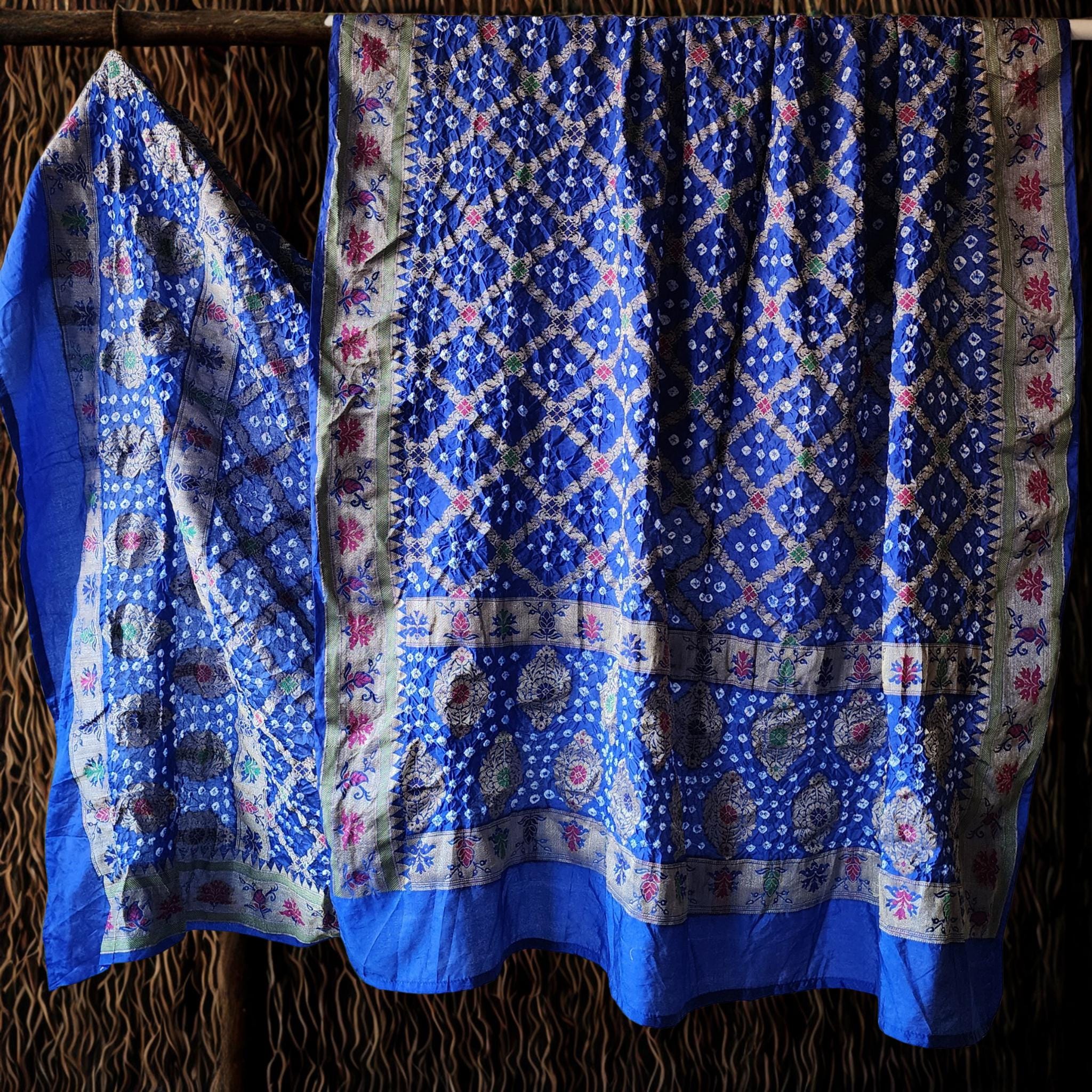 Royal Blue Bandhni Dupatta with Golden Border & Banarasi Meenakari Detailing