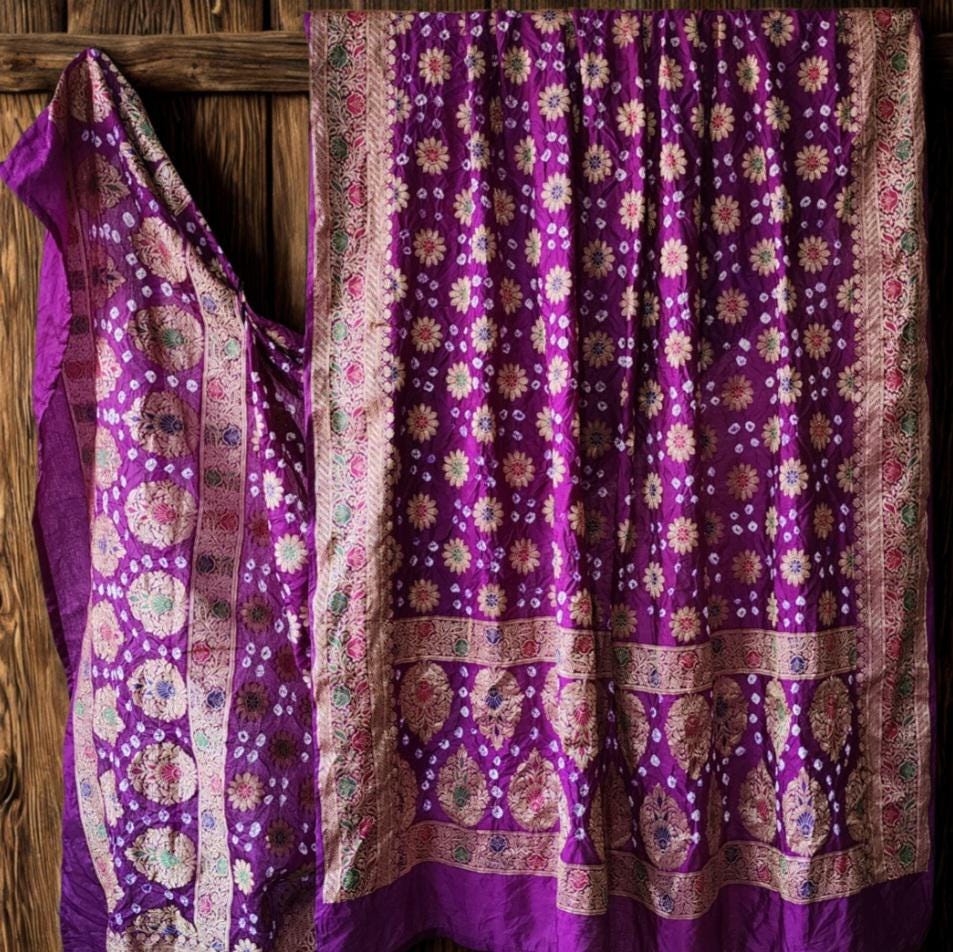 Royal Purple Bandhni Dupatta with Golden Zari Border & Banarasi Meenakari Motifs