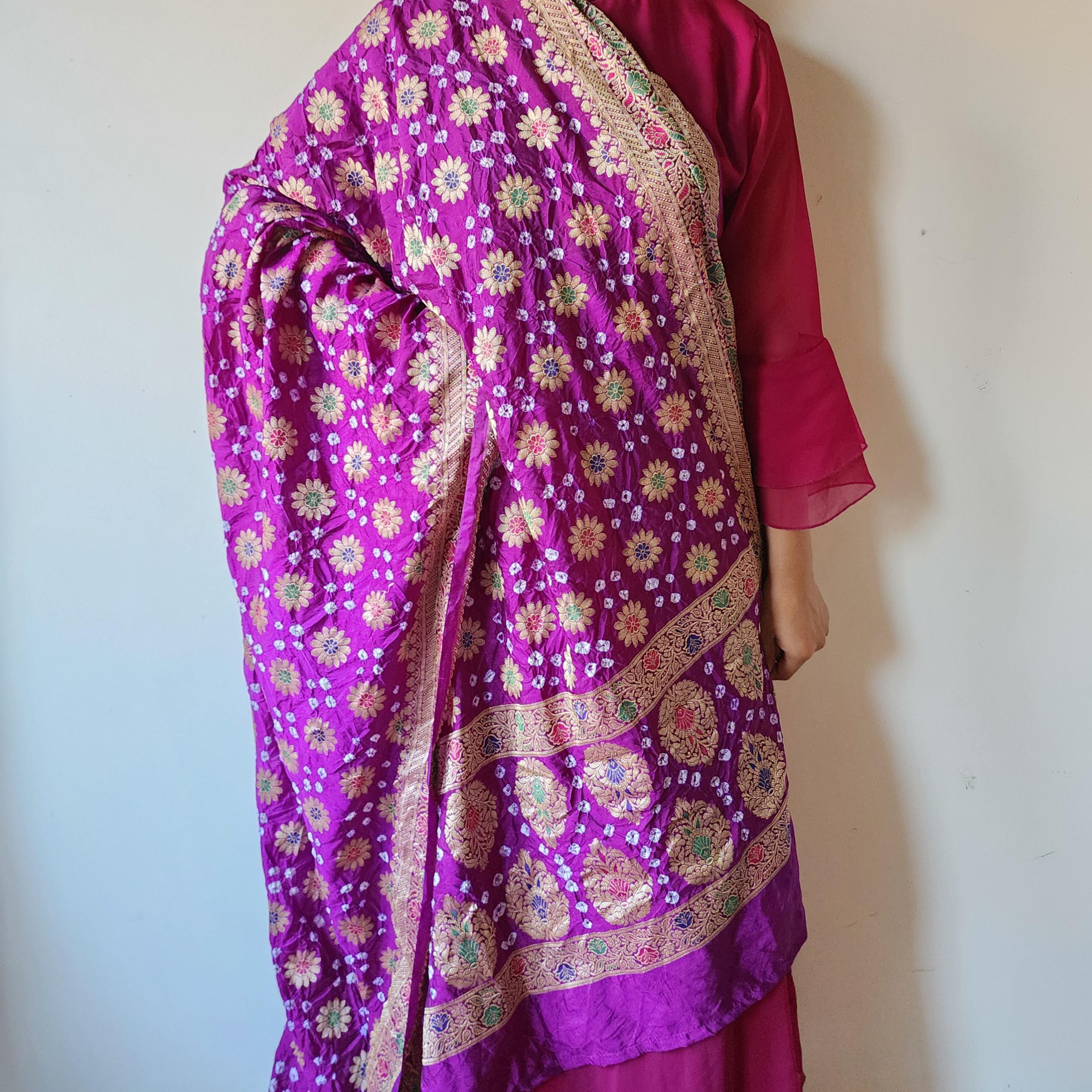 Royal Purple Bandhni Dupatta with Golden Zari Border & Banarasi Meenakari Motifs