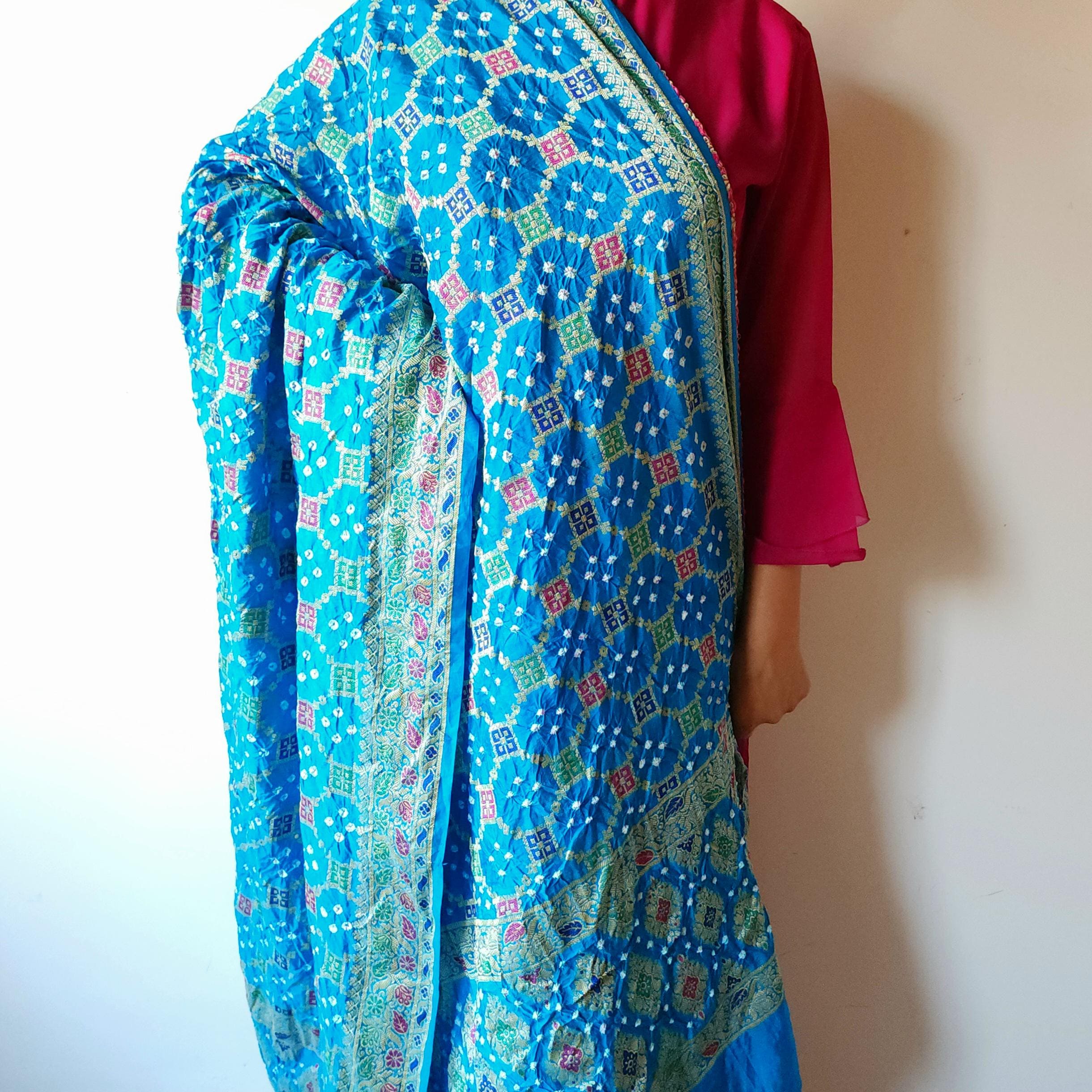 Sky Blue Bandhni Dupatta with Golden Border & Banarasi Meenakari Weave