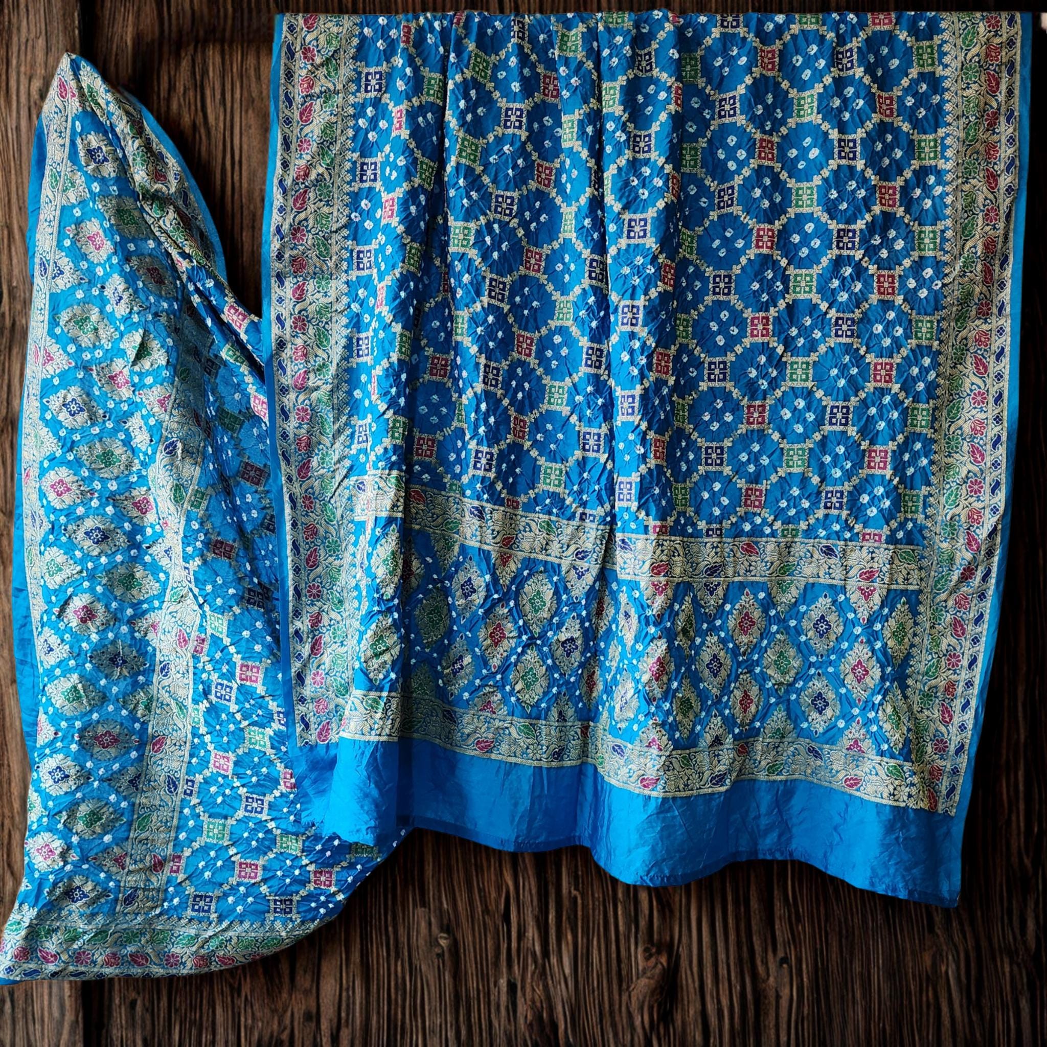 Sky Blue Bandhni Dupatta with Golden Border & Banarasi Meenakari Weave