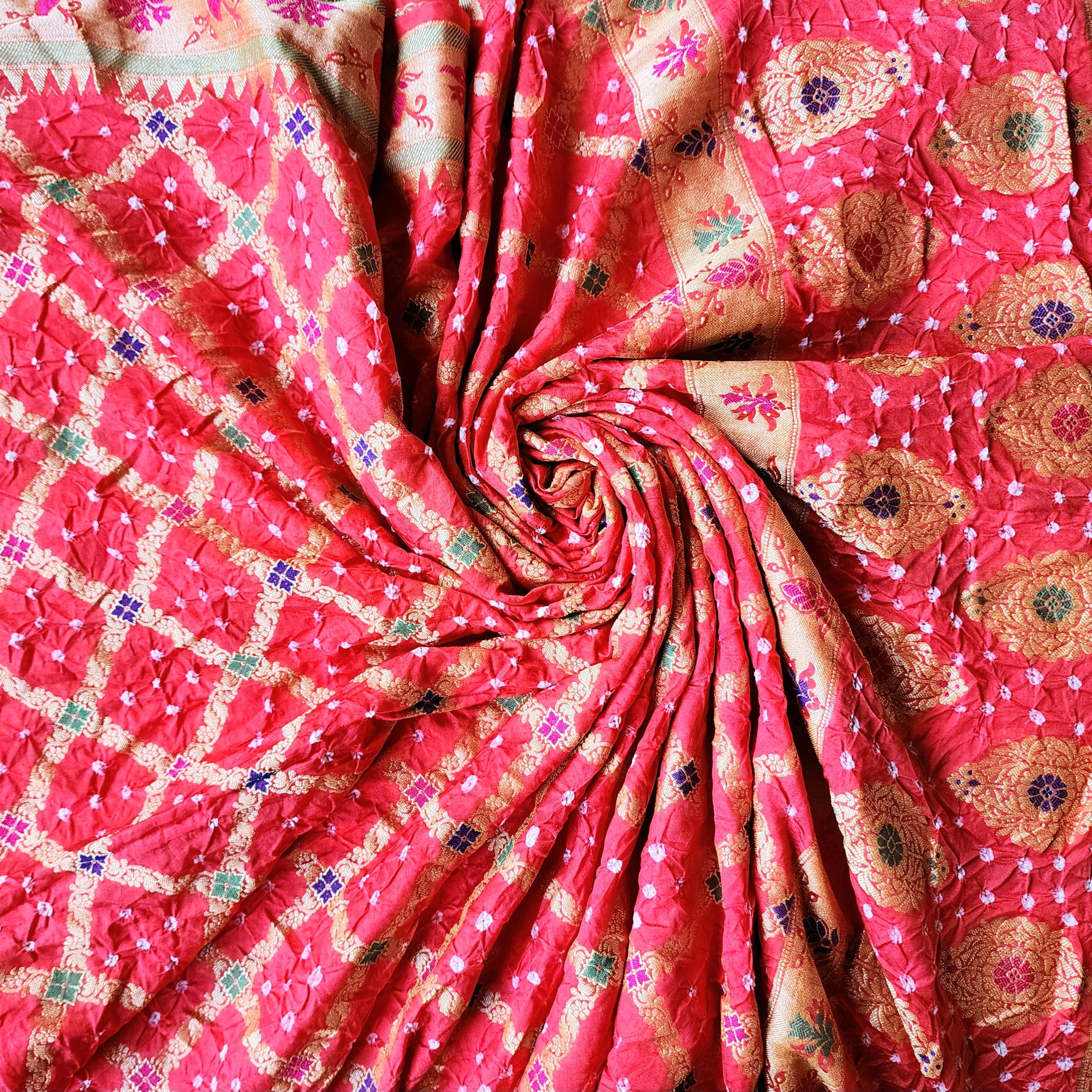 Tomato Red Bandhni Dupatta with Golden Border & Banarasi Meenakari Work