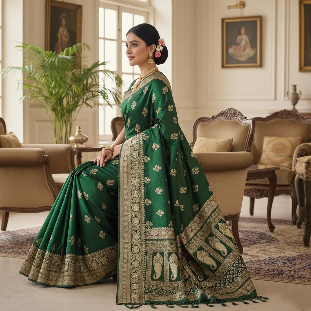 Exquisite Emerald Green, Pure Banarasi Katan Silk Saree with Rich Gold & Silver Zari Weaving
