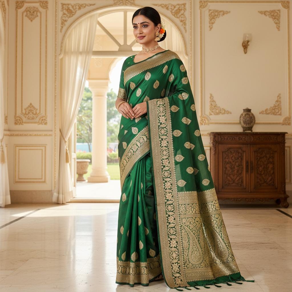 Royal Emerald Green, Pure Banarasi Katan Silk Saree with Rich Gold & Silver Zari Weaving