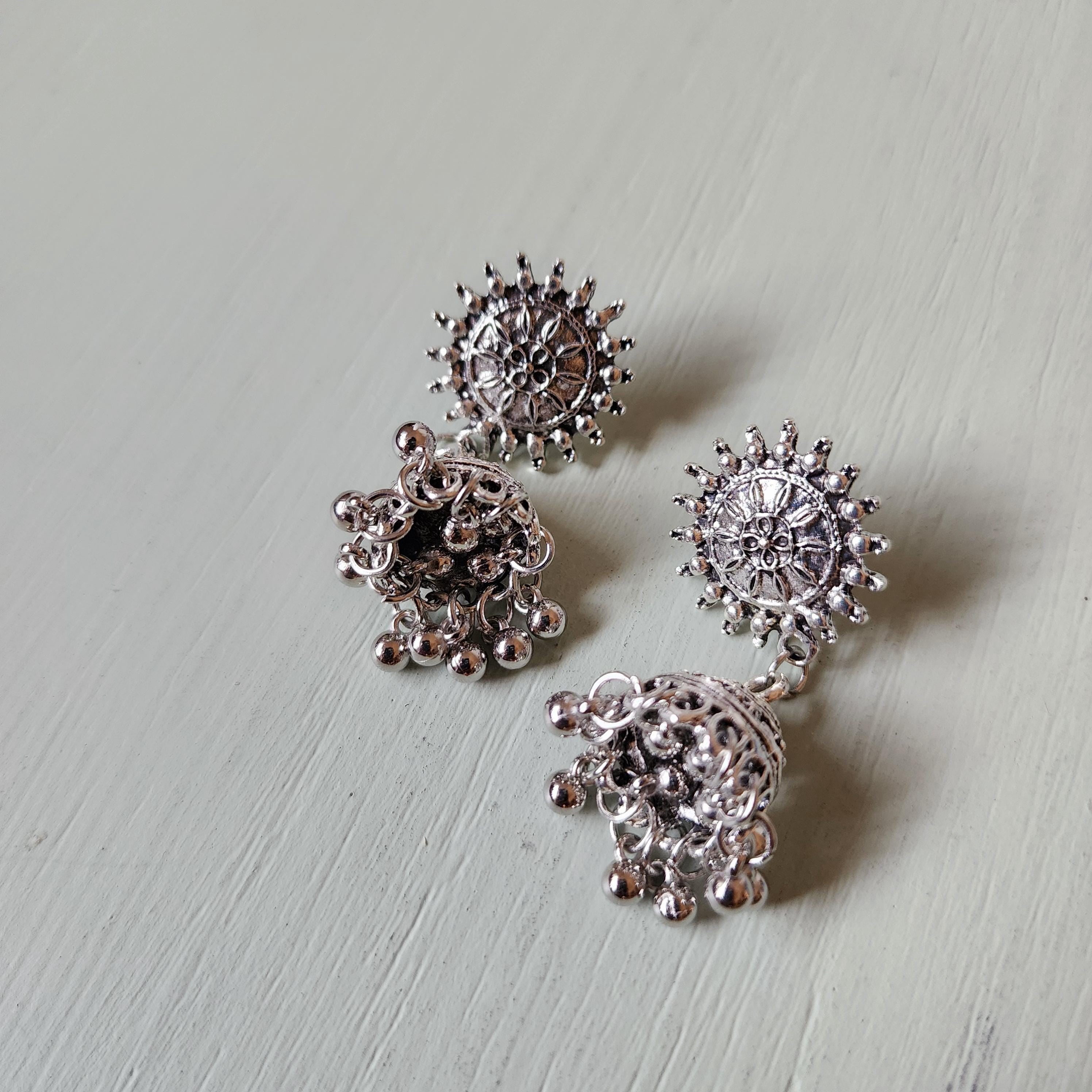 Silver Oxidized Sunburst Jhumkas  Boho Ethnic Statement Earrings