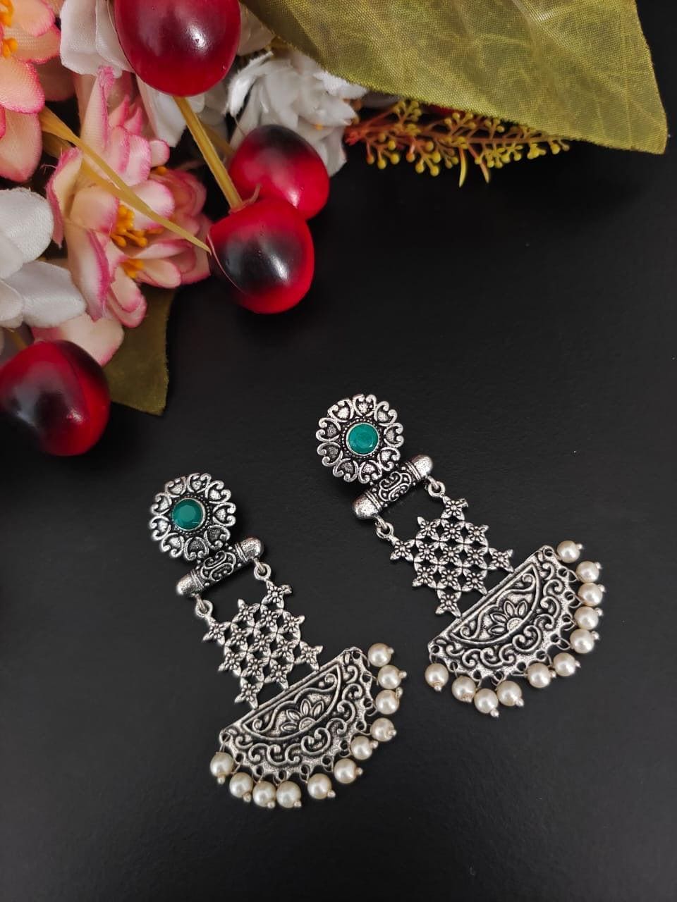 Traditional Oxidized Silver Kaneez Earrings in Green with Pearl Drops for Weddings, Festive & Party Looks