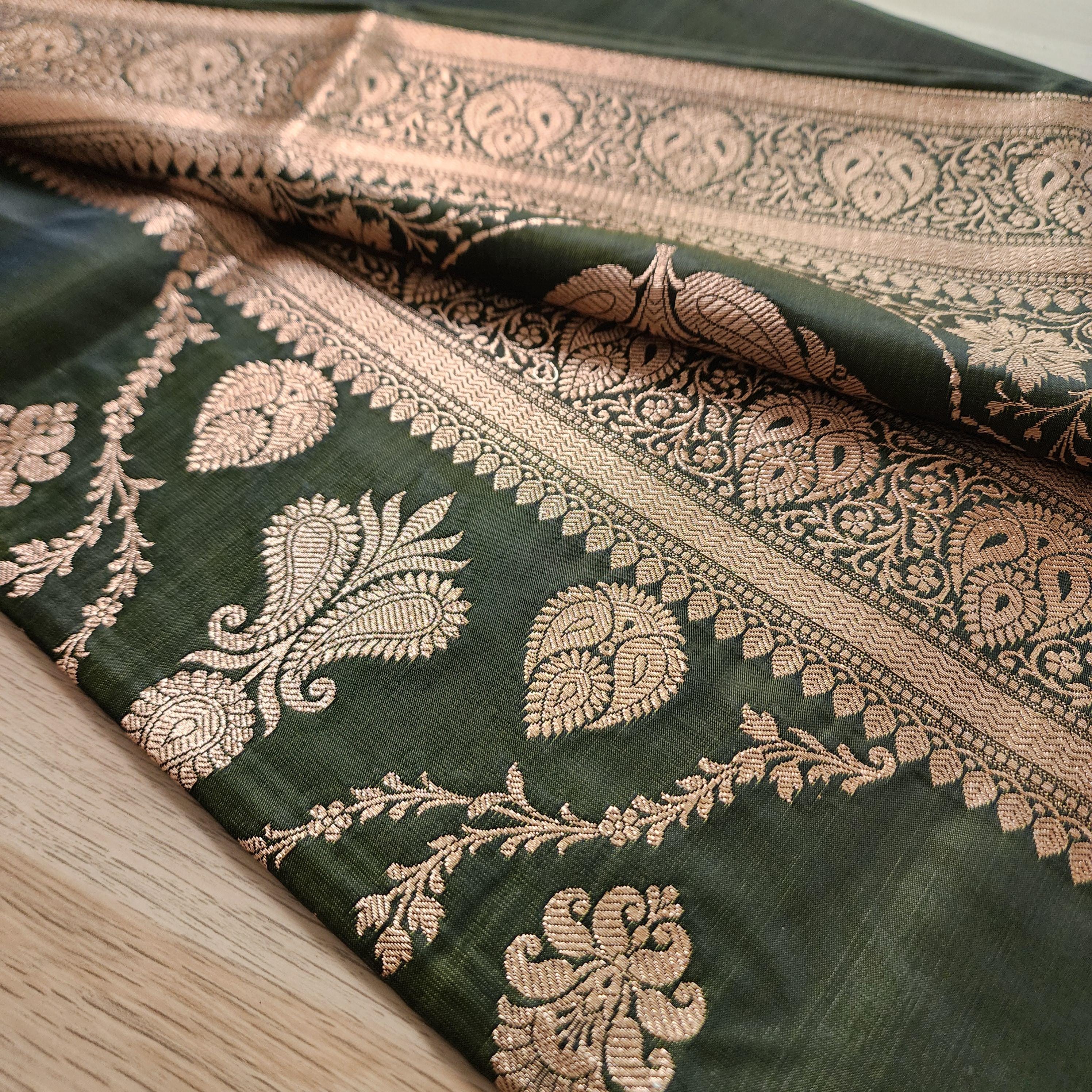 Rich Mehendi Green Pure Banarasi Katan Silk Saree with light Gold Zari Weaving
