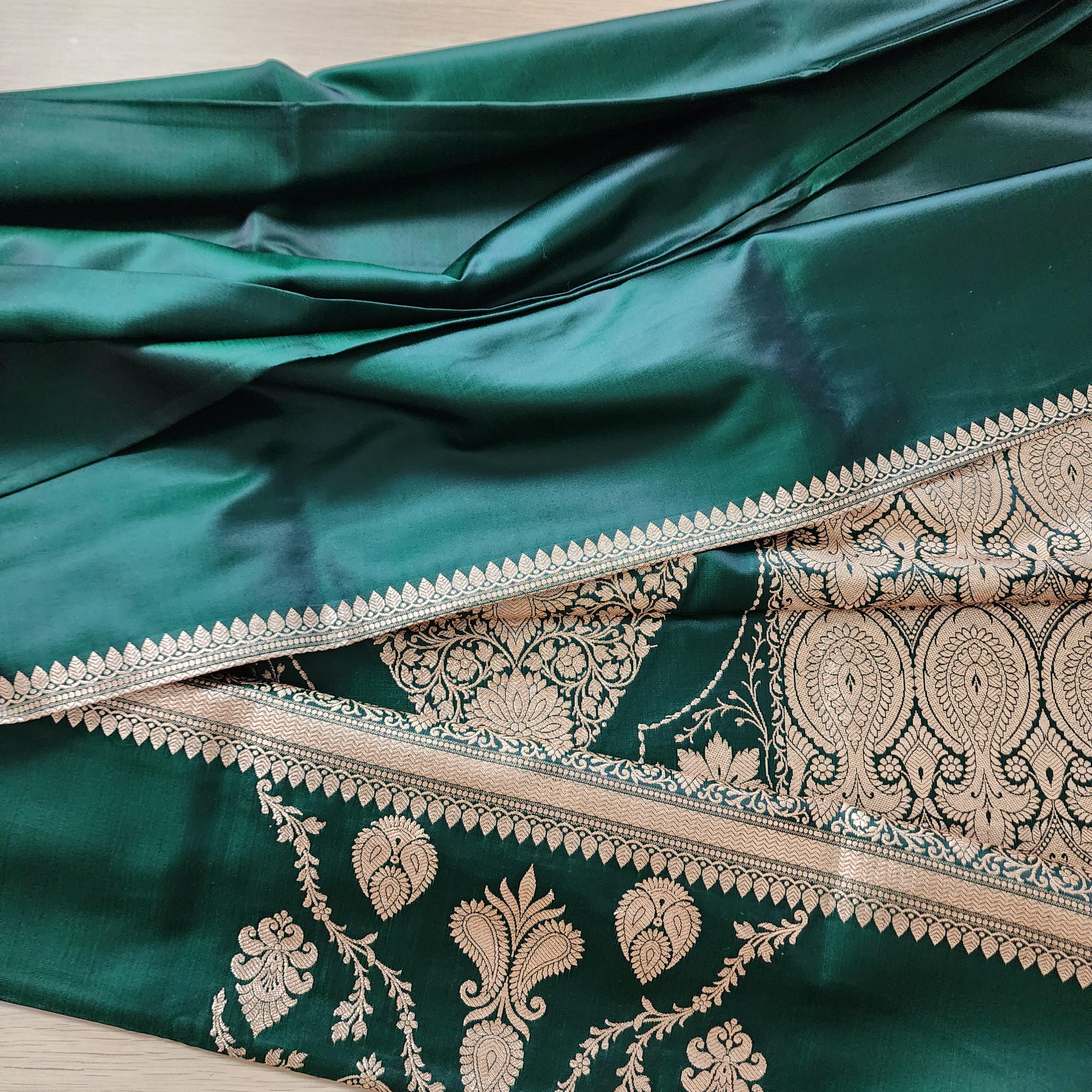 Rich Bottle Green Pure Banarasi Katan Silk Saree with light Gold Zari Weaving