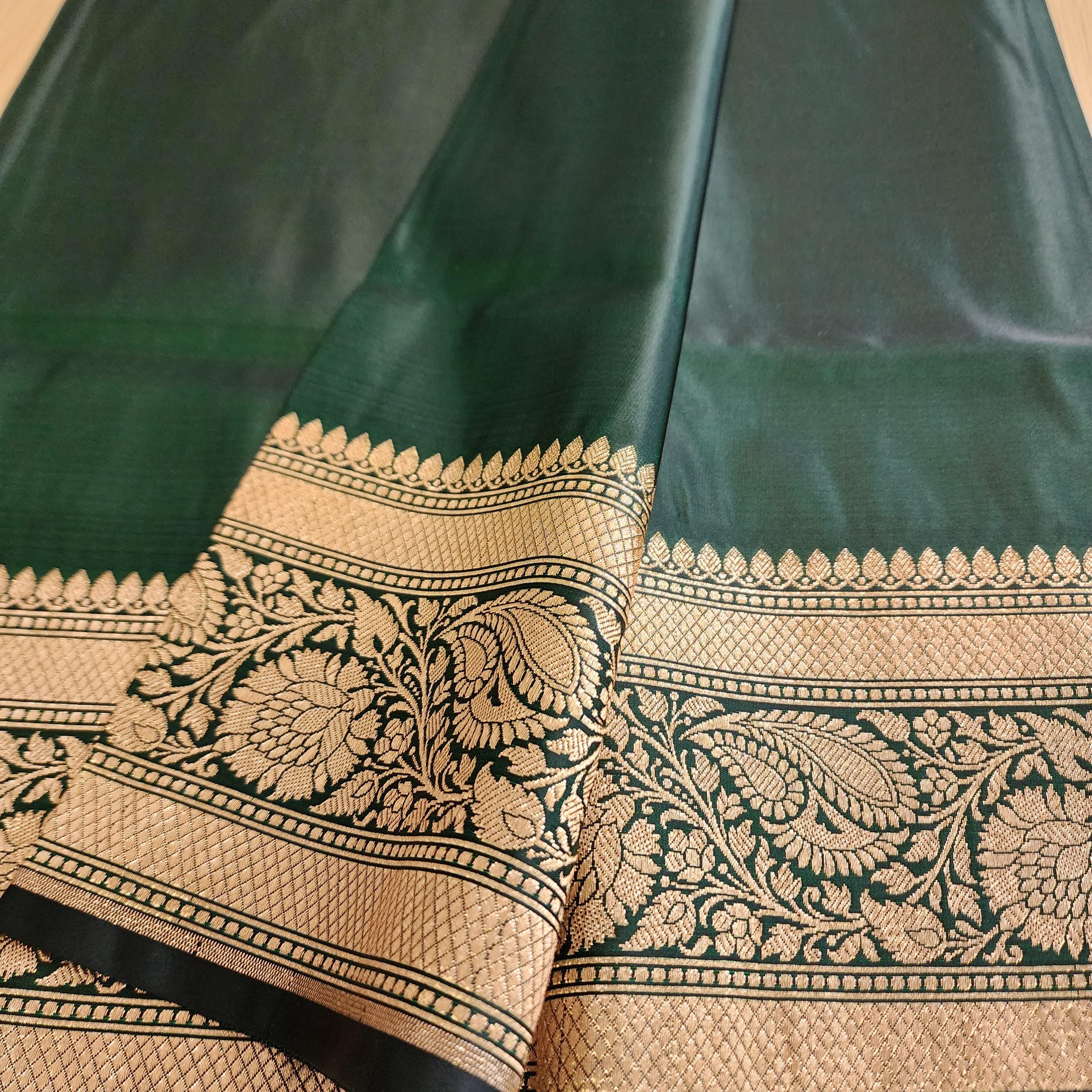 Rich Bottle Green Pure Banarasi Katan Silk Saree with light Gold Zari Weaving