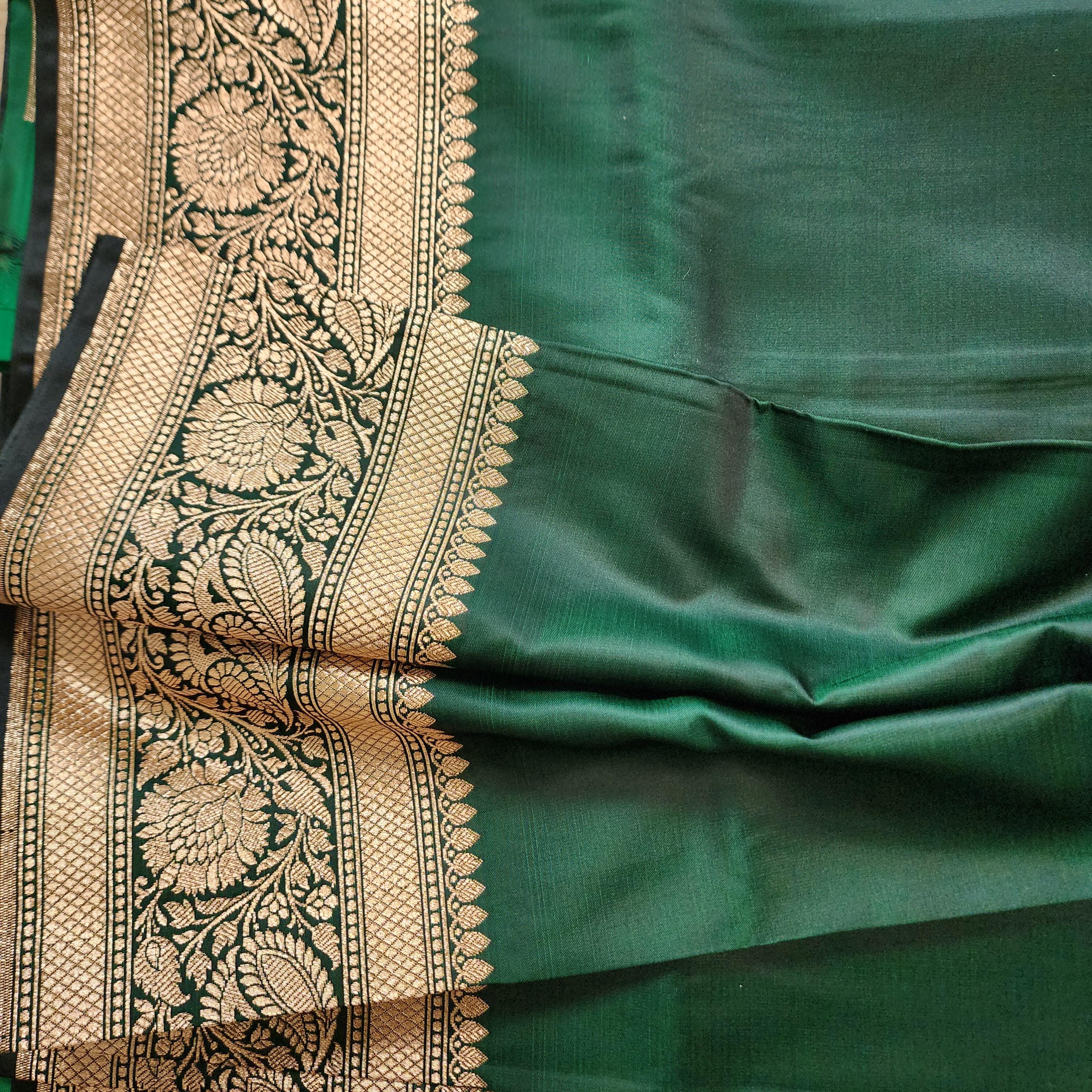 Rich Bottle Green Pure Banarasi Katan Silk Saree with light Gold Zari Weaving