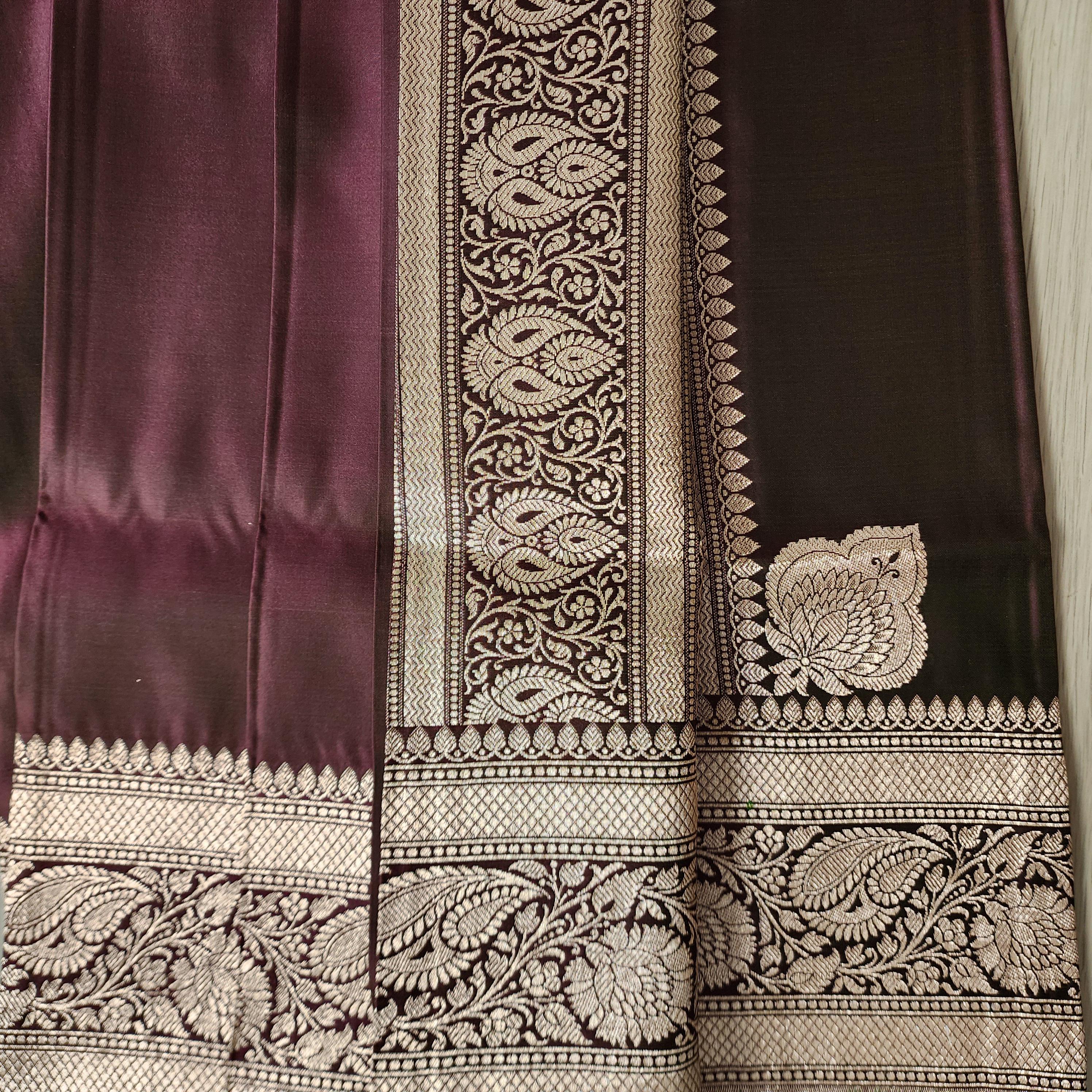 Rich Dark Maroon Pure Banarasi Katan Silk Saree with light Gold Zari Weaving