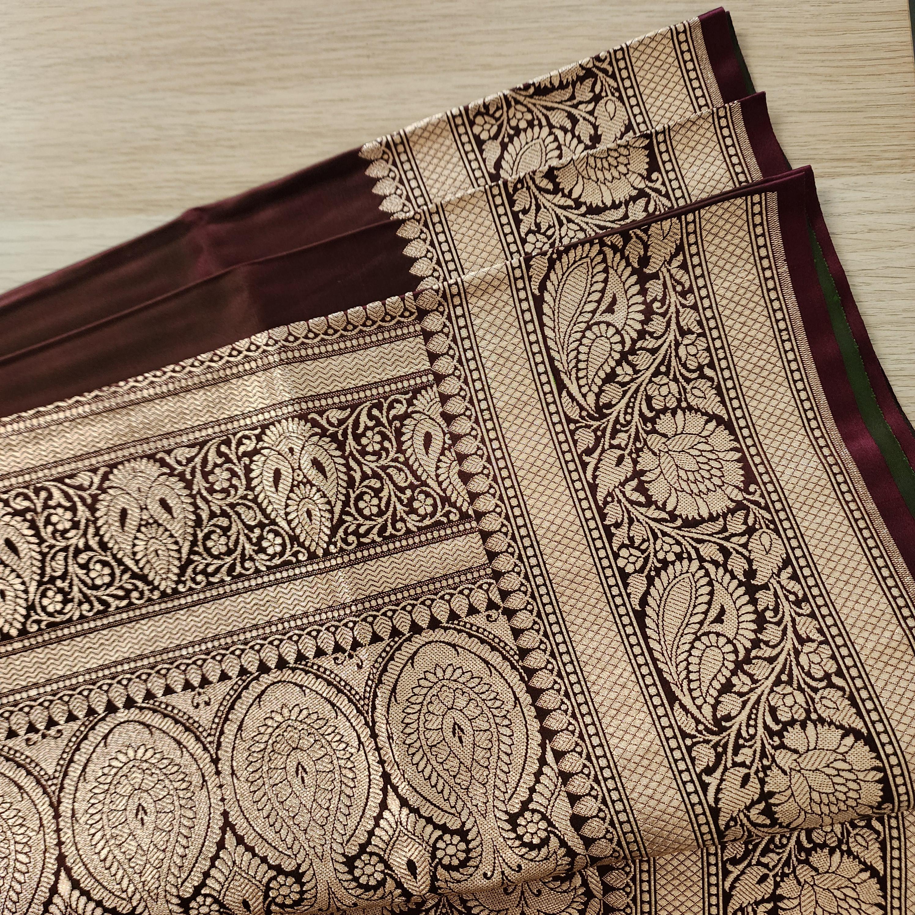 Rich Dark Maroon Pure Banarasi Katan Silk Saree with light Gold Zari Weaving