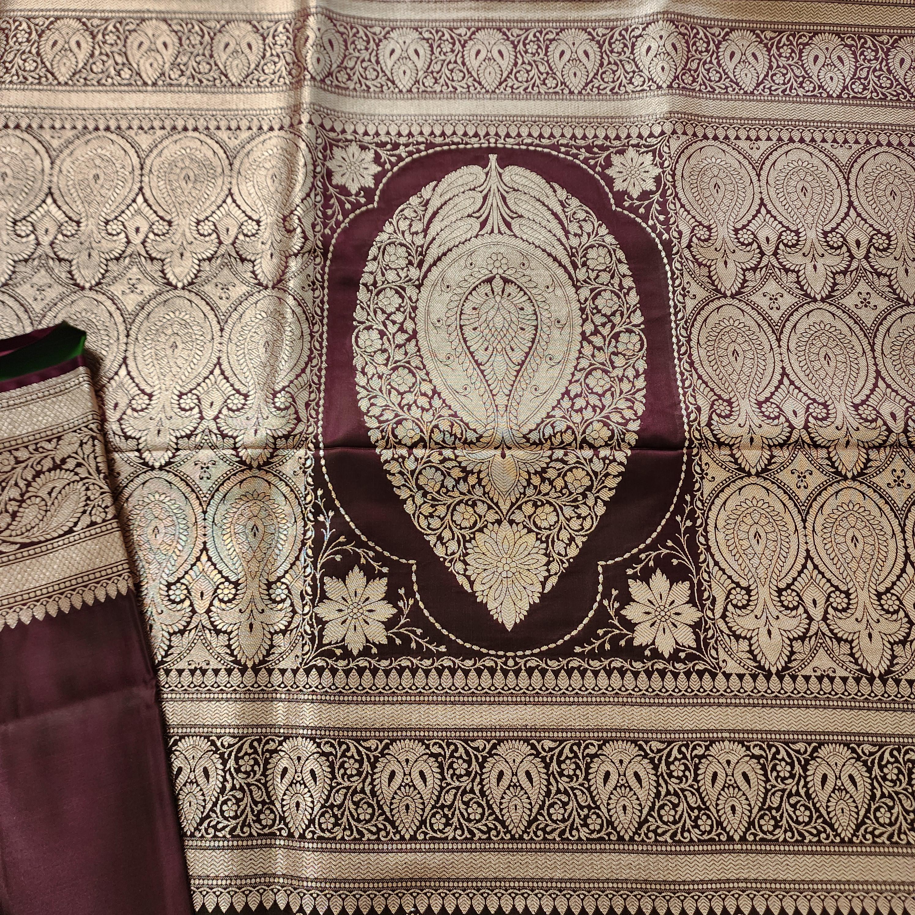 Rich Dark Maroon Pure Banarasi Katan Silk Saree with light Gold Zari Weaving