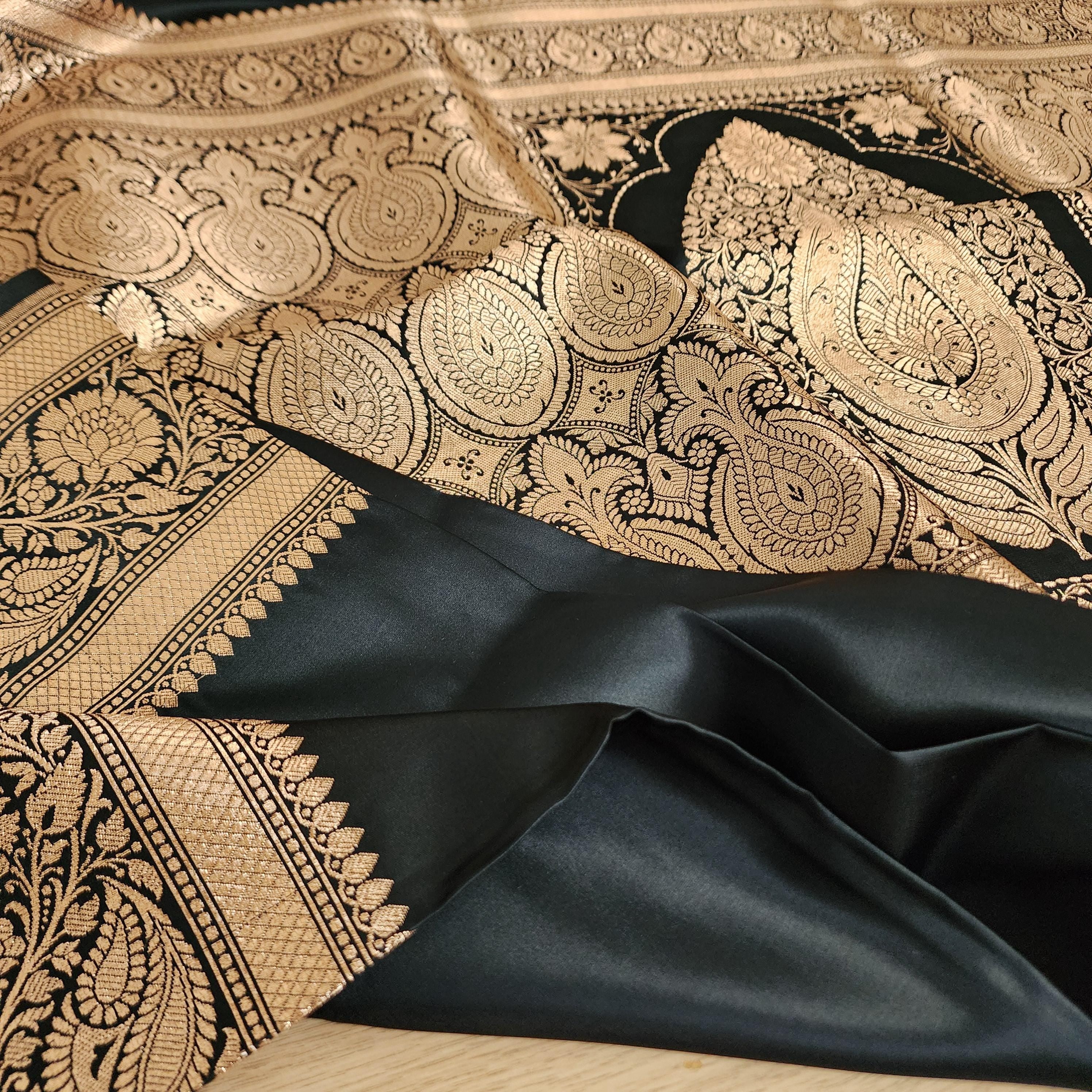 Rich Black Pure Banarasi Katan Silk Saree with light Gold Zari Weaving