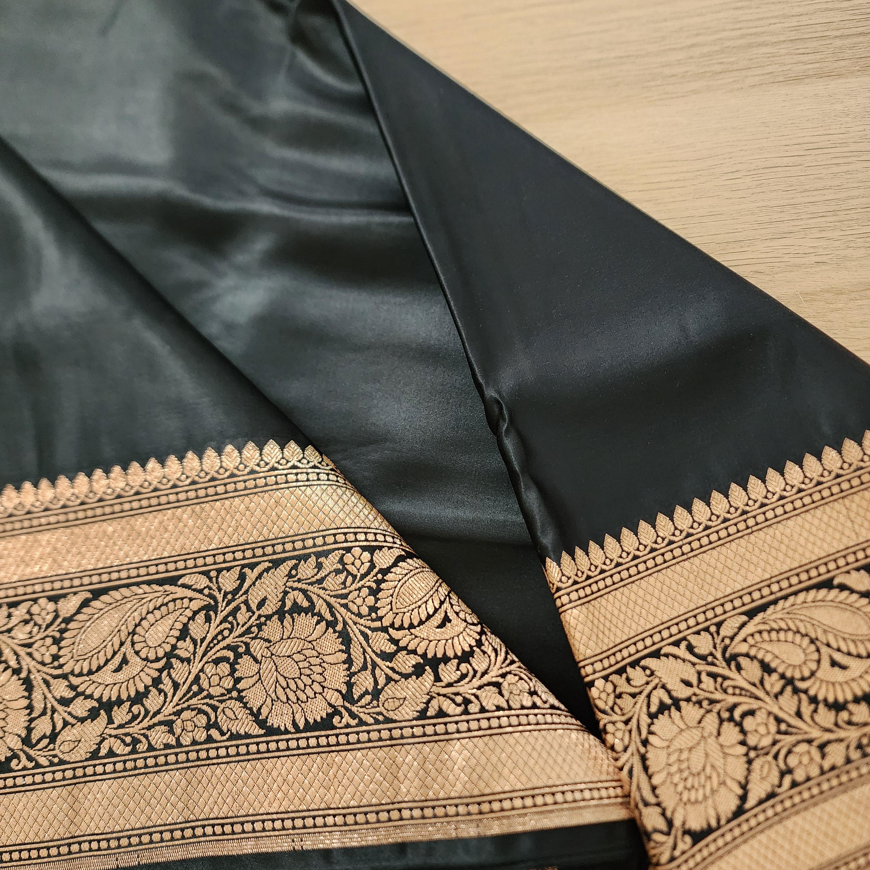 Rich Black Pure Banarasi Katan Silk Saree with light Gold Zari Weaving