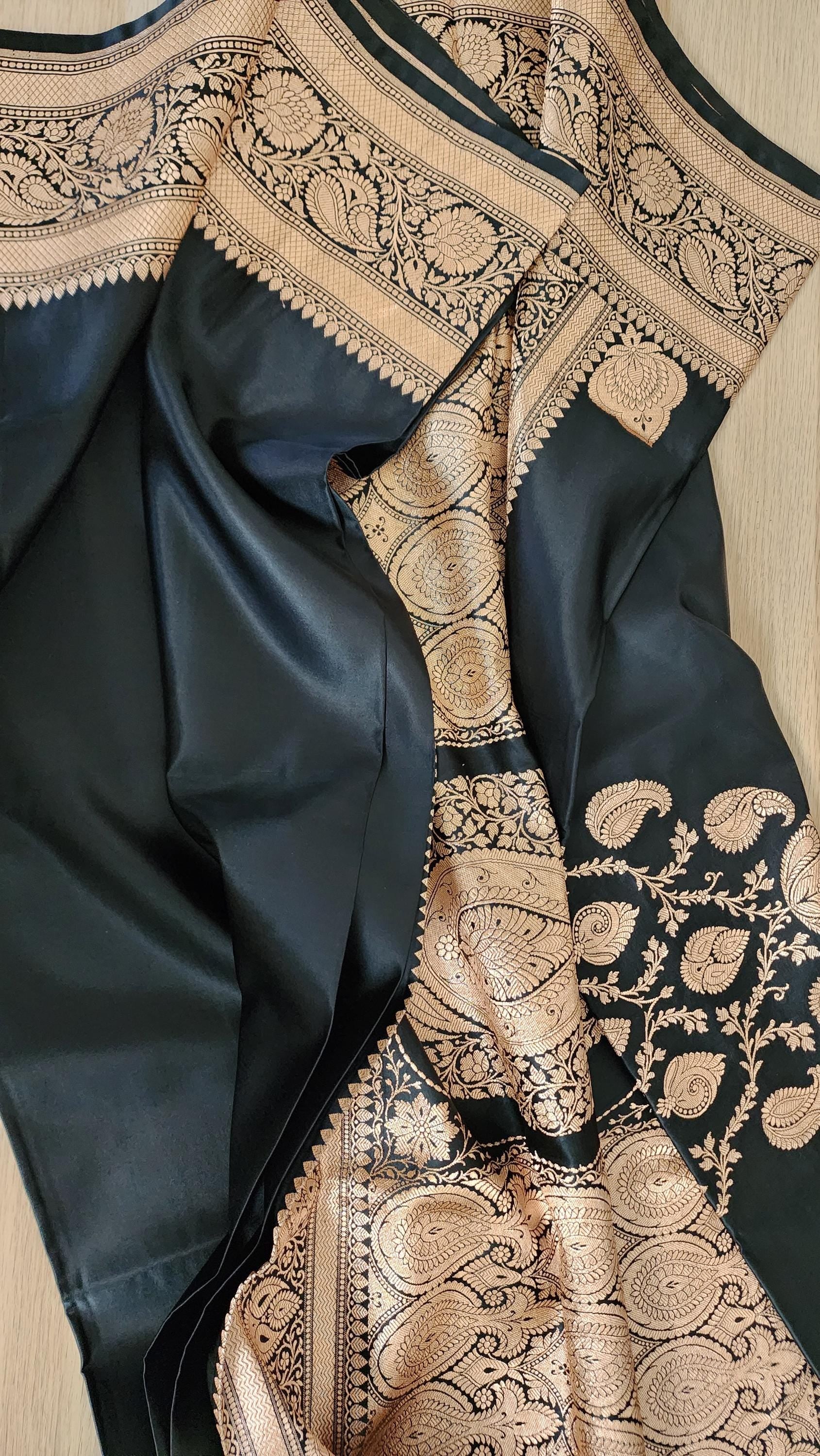 Rich Black Pure Banarasi Katan Silk Saree with light Gold Zari Weaving